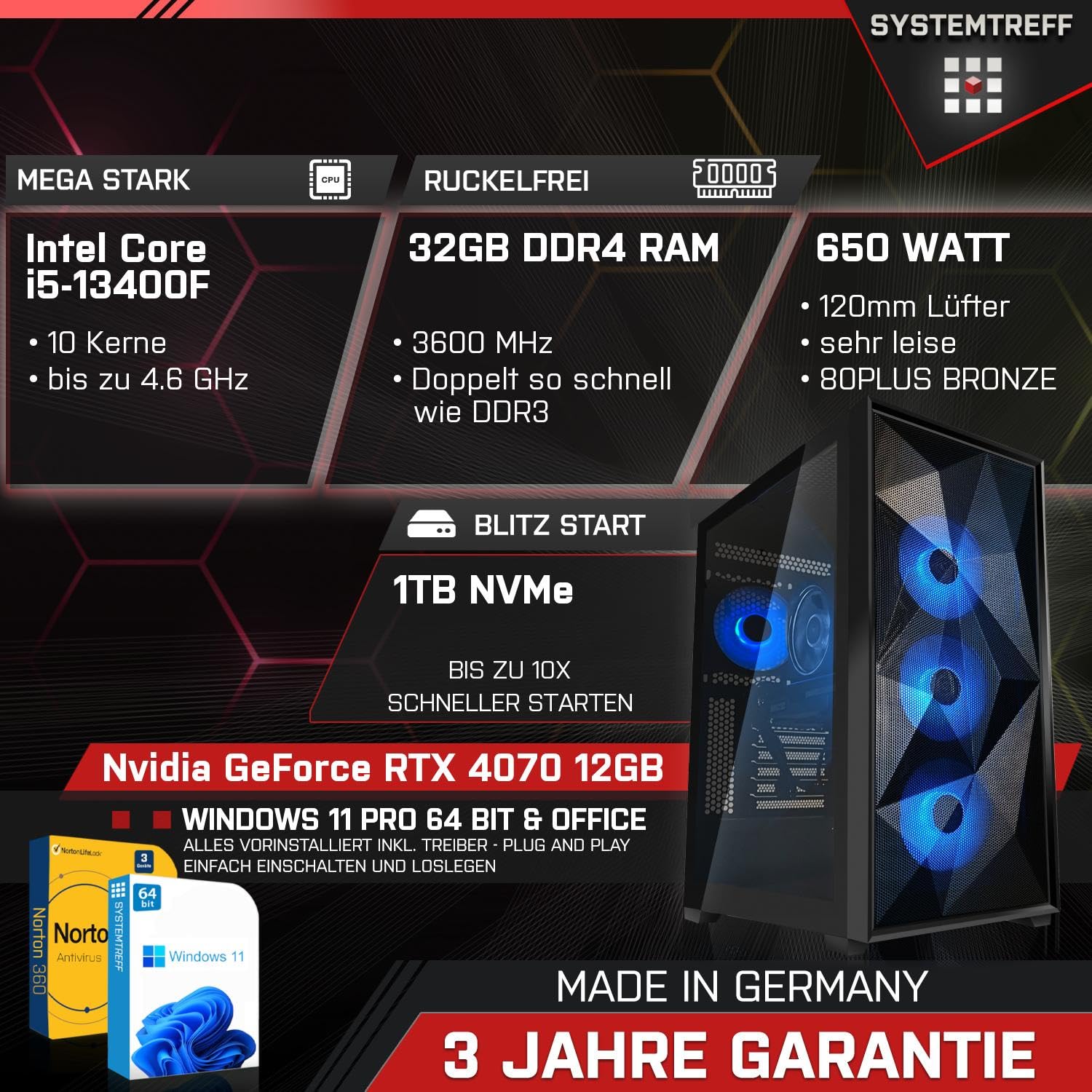 ПК SYSTEMTREFF High-End Gaming Intel Core i5-13400F 10x4.6GHz Nvidia GeForce RTX 4070 12GB DX12 1TB M.2 NVMe 32GB DDR4 RAM WLAN, фото №2