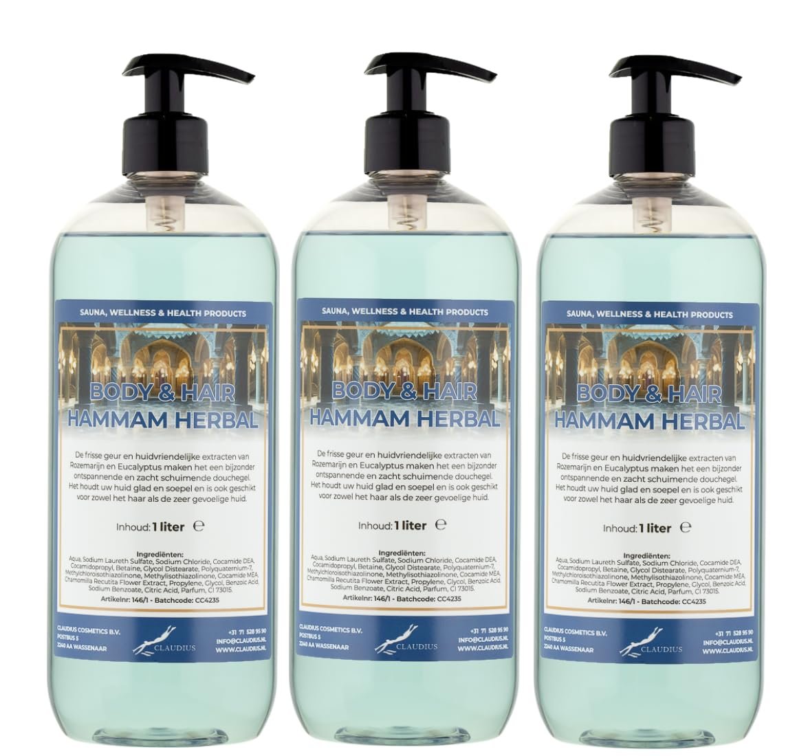 Гель для душу та шампунь Body & Hair Hammam Herbal 2 в 1 Прозорий 1 л Набір з 3 шт з безкоштовною помпою, фото №1