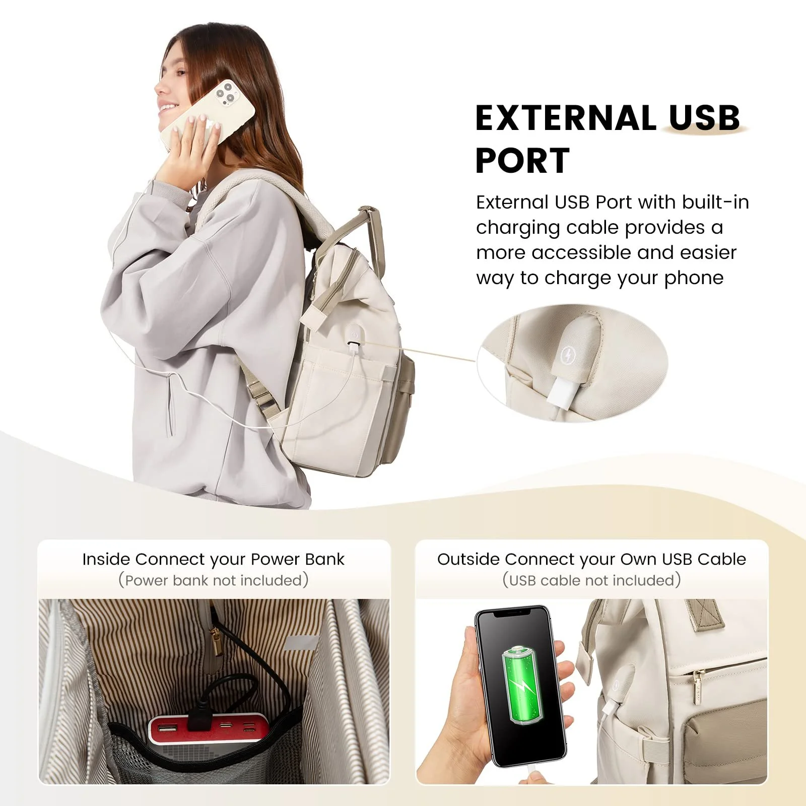 Рюкзак для ноутбука LOVEVOOK 15.6 дюймів Водонепроникний USB Charging Port Beige Grey, фото №5 Рюкзак для ноутбука LOVEVOOK 15.6 дюймів Водонепроникний USB Charging Port Beige Grey, фото №5