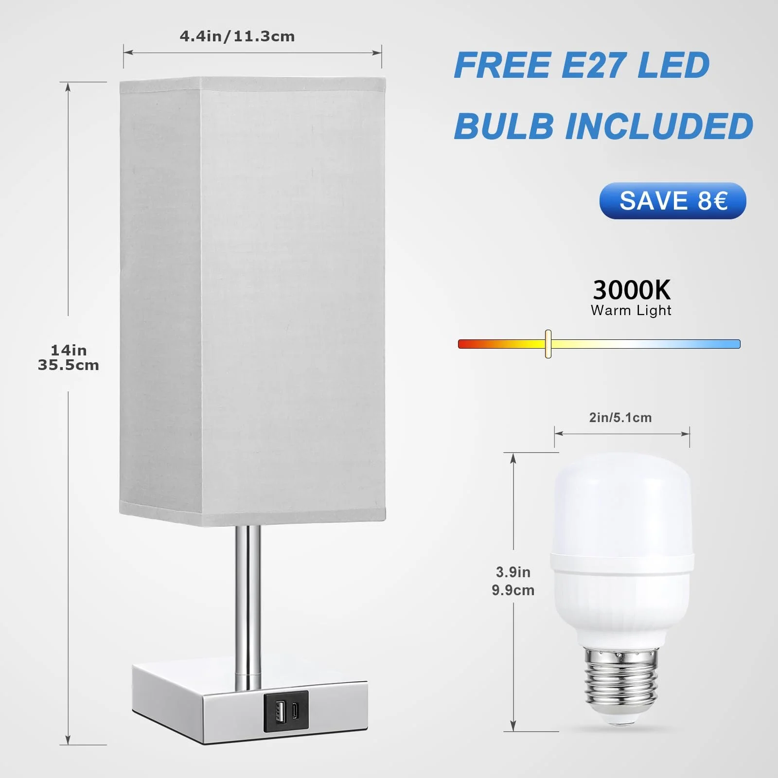 Настільна лампа Kakanuo Bedside Lamp Сенсорна Регульована USB A+C E27 Сіра, фото №5