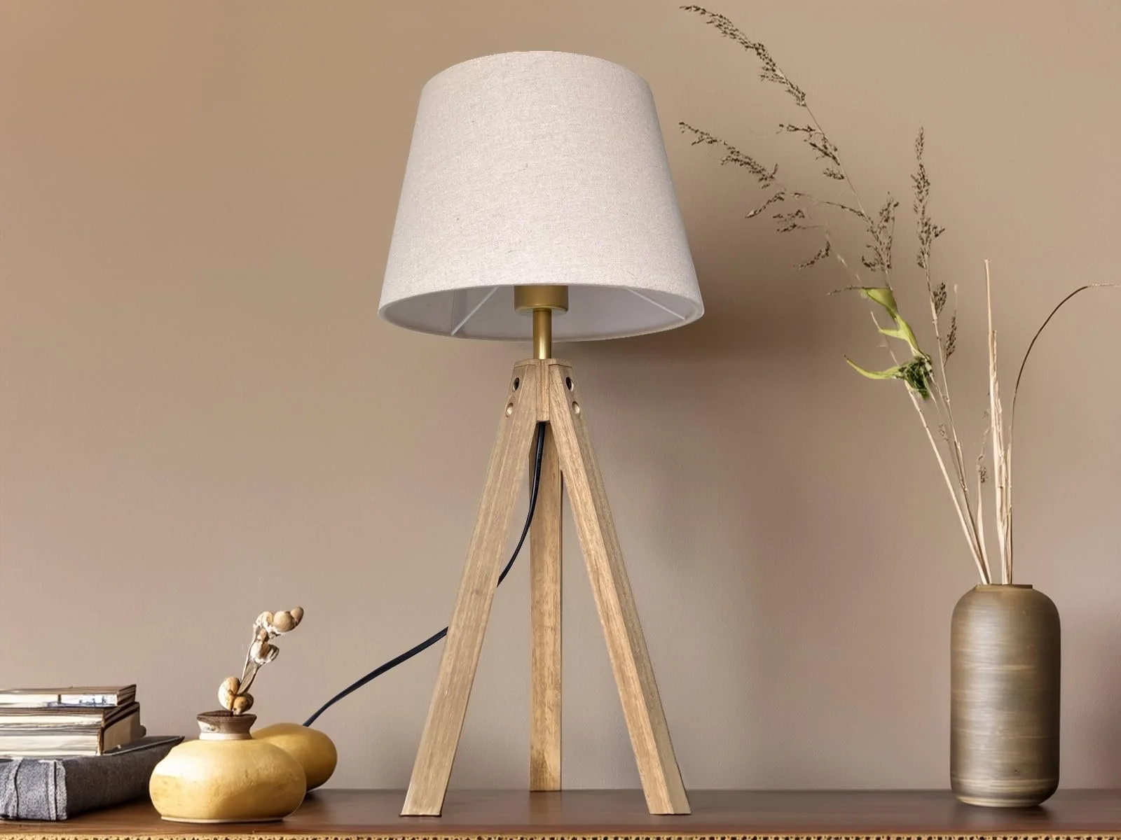 Настільна лампа meineWunschleuchte Tripod Дерев'яна Тканинний абажур Кремово-біла 55 см, фото №8