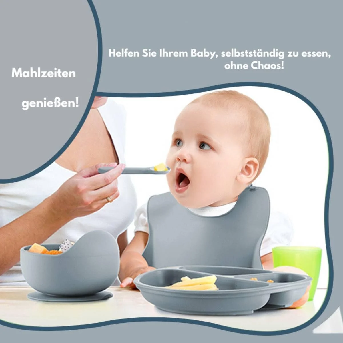 Набір дитячого посуду Eliano Силіконовий 6 предметів Тарілка та миска з присосками, слинявчик, поїльник з трубочкою та столові прилади Синій, фото №2 Набір дитячого посуду Eliano Силіконовий 6 предметів Тарілка та миска з присосками, слинявчик, поїльник з трубочкою та столові прилади Синій, фото №2