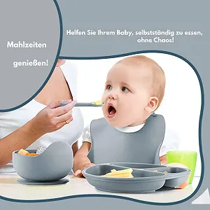 Набір дитячого посуду Eliano Силіконовий 6 предметів Тарілка та миска з присосками, слинявчик, поїльник з трубочкою та столові прилади Синій synthetic.ua - Фото 1