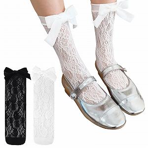 Носки LittleForBig Женские Кружевные Цветочные Велюровые с Бантом и Рюшами на Щиколотках, 2 пары в наборе - Фото 1