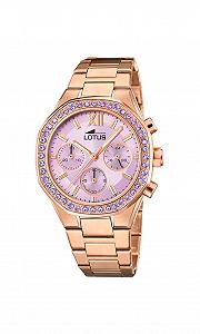 Женские часы Lotus 18874/1 из нержавеющей стали, розовое золото, фиолетовые стеклянные камни, 38 мм, водостойкость 5 бар, розовое золото, фиолетовый, браслет - Фото 1