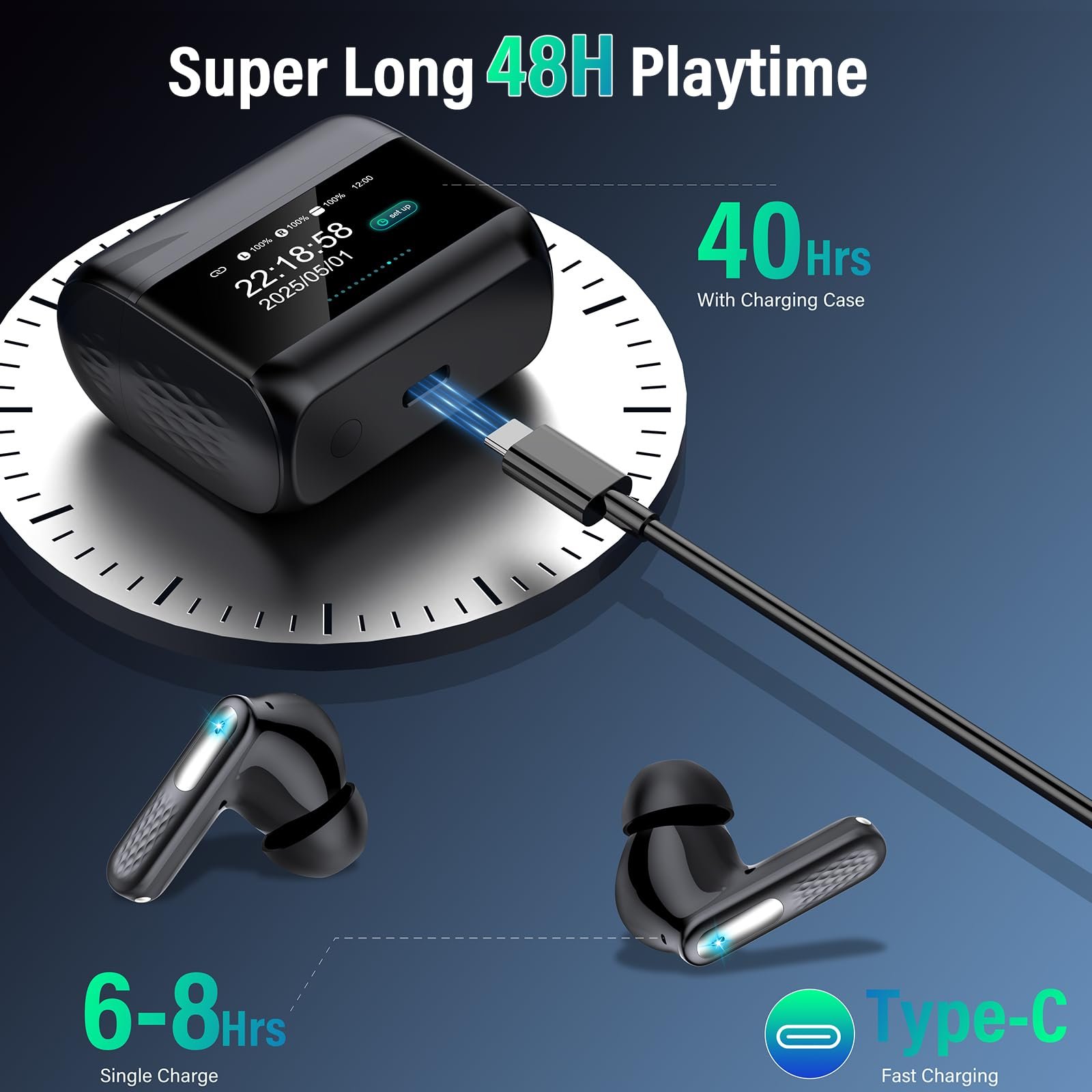 Навушники-вкладиші ZYHKON Bluetooth 5.4 з сенсорним екраном, мікрофоном ANC/ENC з шумозаглушенням, 48 годин HiFi стерео, 5 режимів еквалайзера, IP7 водонепроникність, USB-C, фото №9