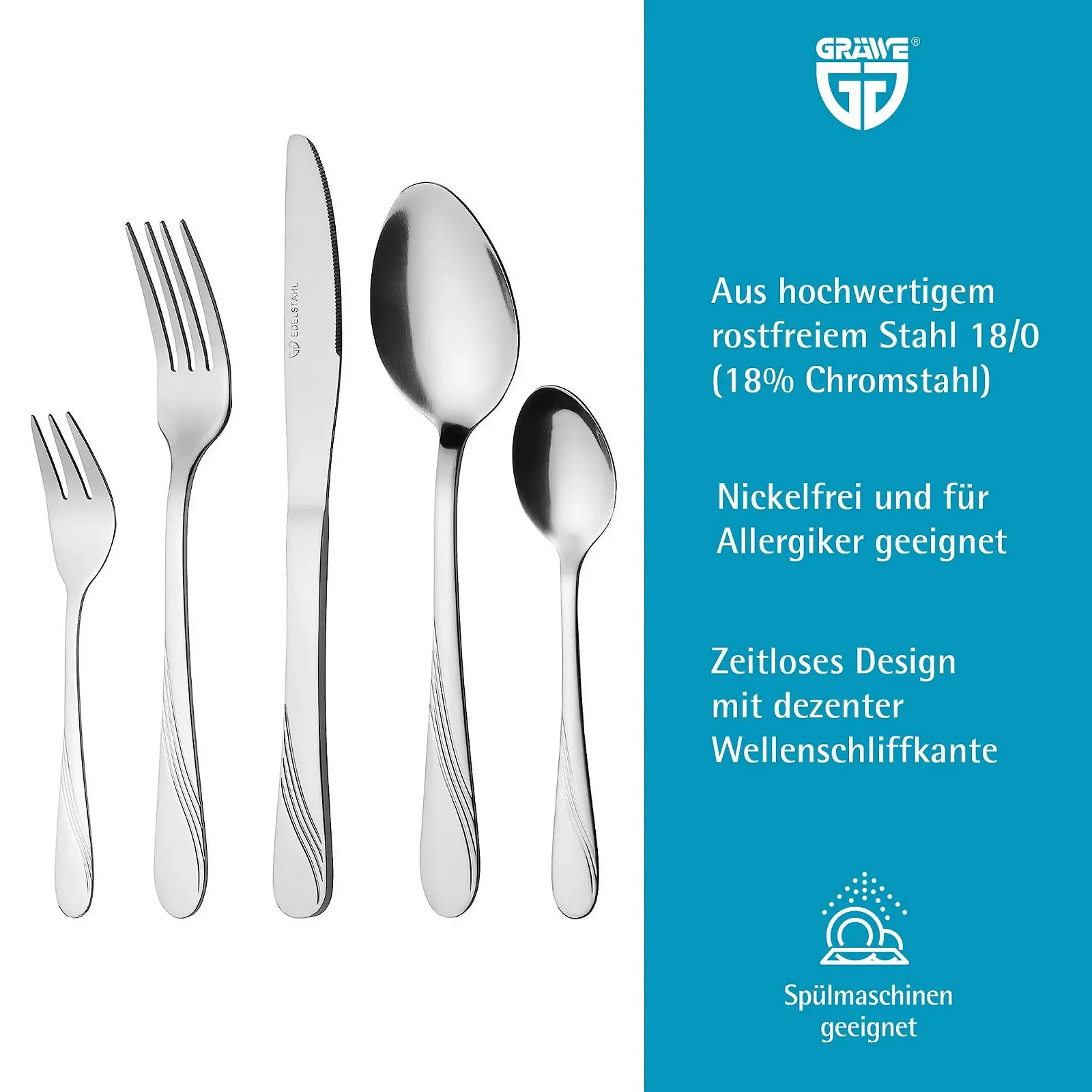 Набір столових приборів GRÄWE Stralsund для 12 осіб, 60 предметів, нержавіюча сталь, фото №3 Набір столових приборів GRÄWE Stralsund для 12 осіб, 60 предметів, нержавіюча сталь, фото №3