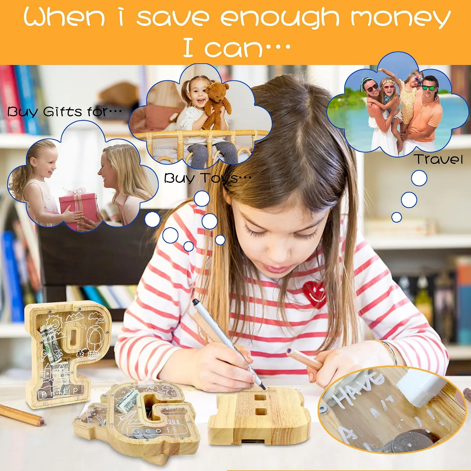 Копилка Lakpopya E деревянная прозрачная в форме буквы с маркером и наклейками 18 см, фото №4