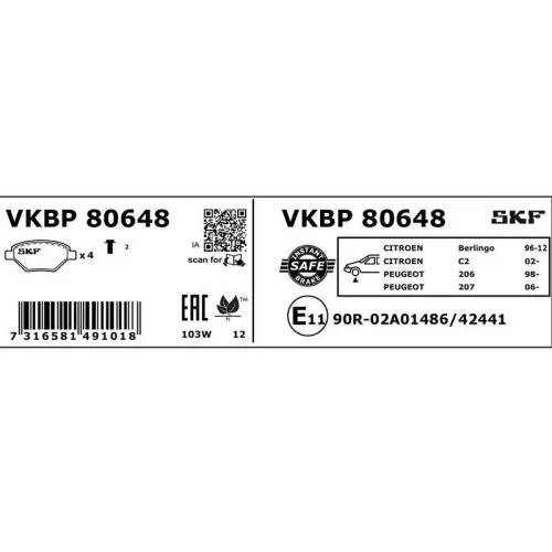 Комплект тормозных колодок дискового тормоза SKF VKBP 80648, фото №2