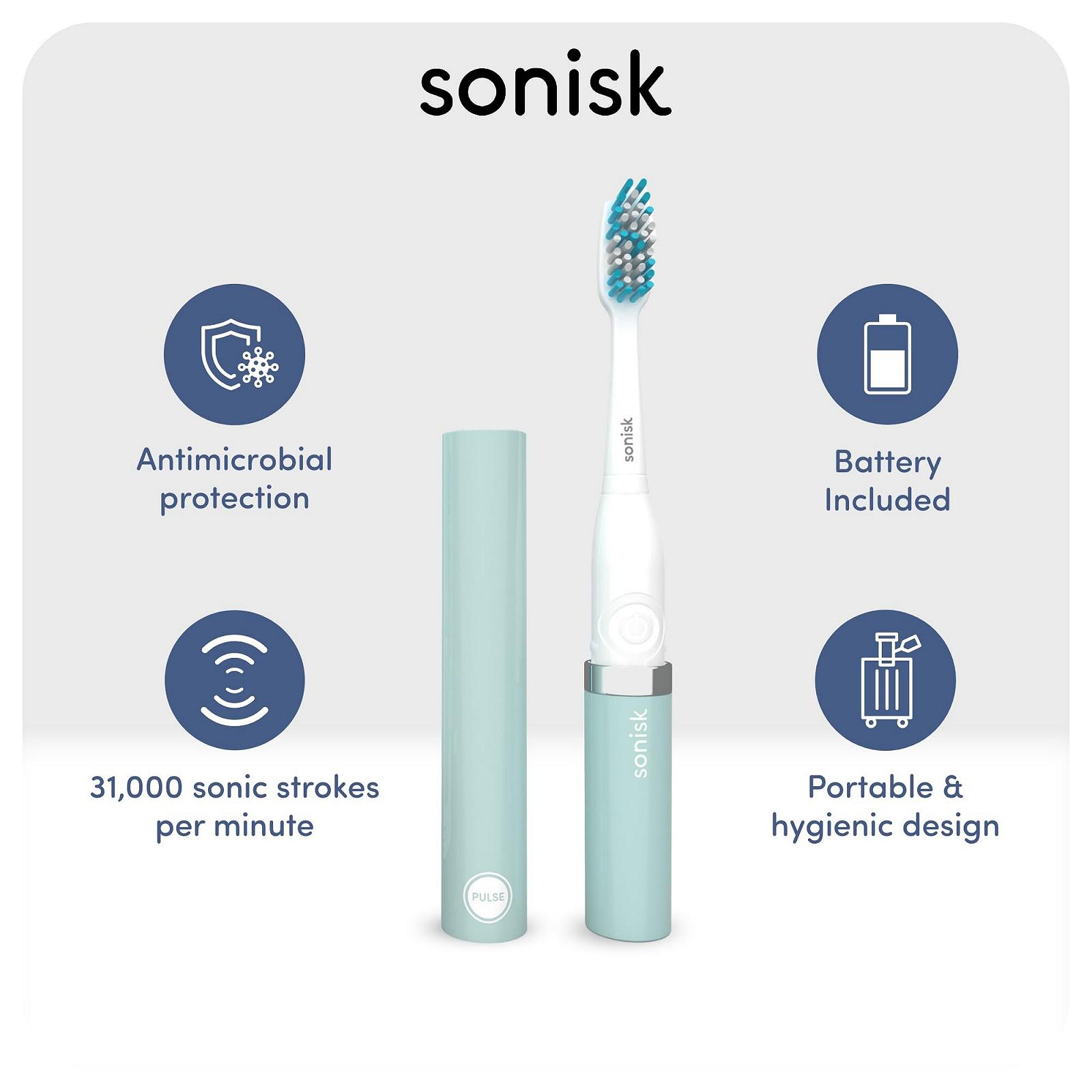 Зубная щетка электрическая Sonisk Pulse на батарейках, портативная, дорожный размер, с антимикробной звуковой технологией, 1 x батарейка, 2 x насадки, 1 x дорожный чехол в комплекте, бирюзовый, фото №3