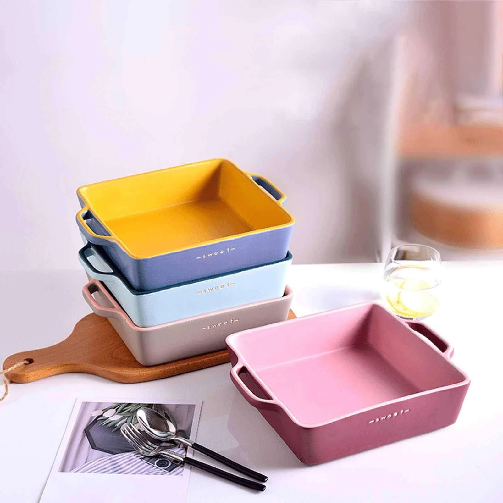 Форма для лазаньї квадратна порцелянова з ручками 20 x 15 x 6 см 800 мл рожева та сіра, фото №6