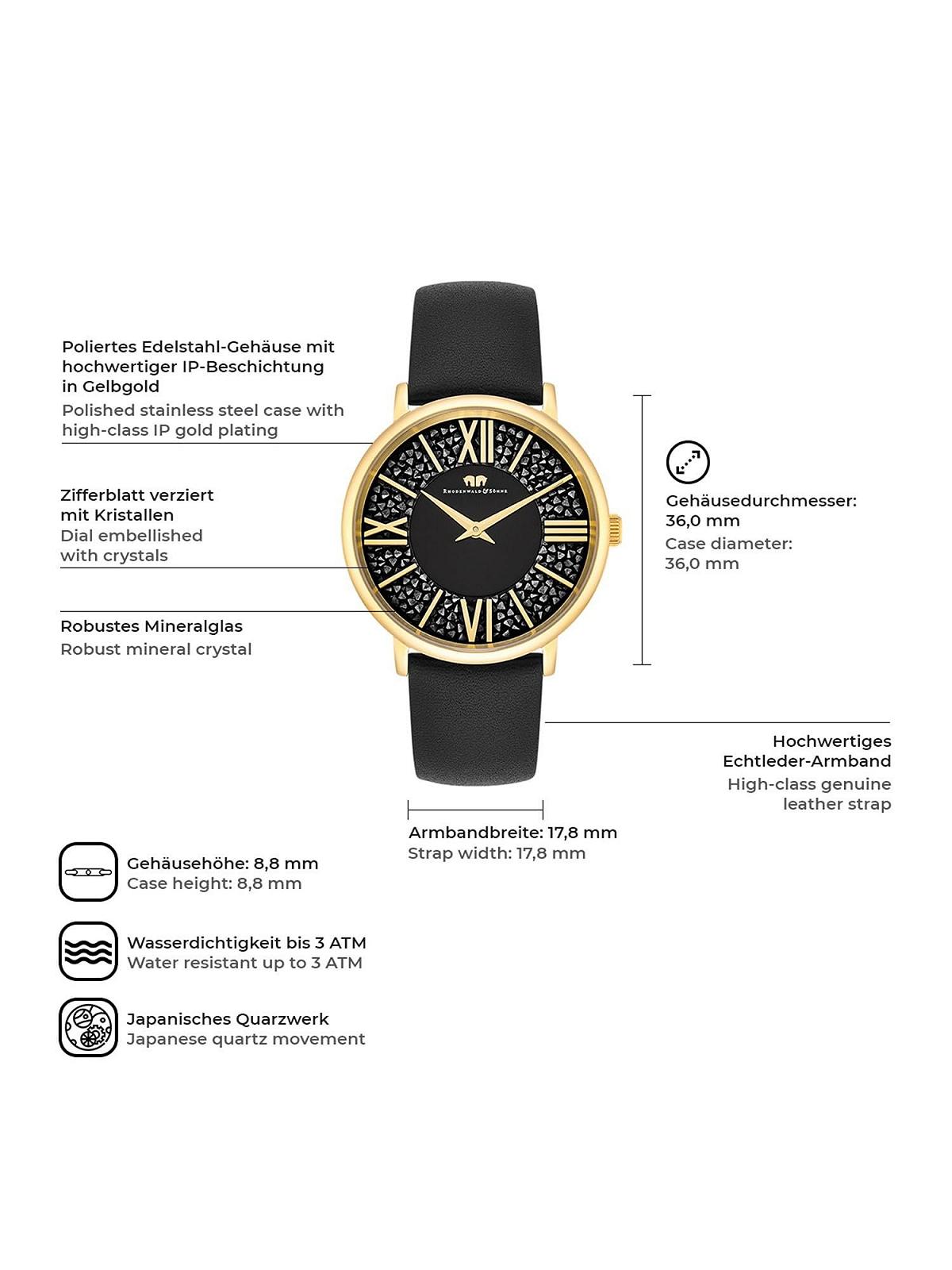 Жіночий годинник Rhodenwald & Söhne Аналоговий Japan Quartz Ремінець зі справжньої шкіри Чорний, Золотий, Без візерунка, фото №7 Жіночий годинник Rhodenwald & Söhne Аналоговий Japan Quartz Ремінець зі справжньої шкіри Чорний, Золотий, Без візерунка, фото №7