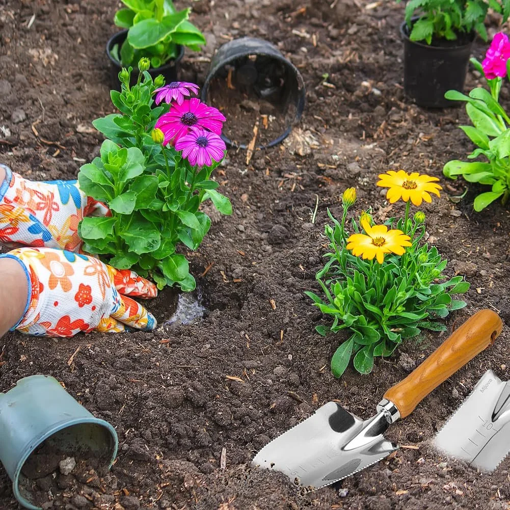 Кельма садова з мітками глибини, ергономічною дерев'яною ручкою, інструмент з нержавіючої сталі для посадки, прополки, пересадки і розгладження ґрунту, фото №6