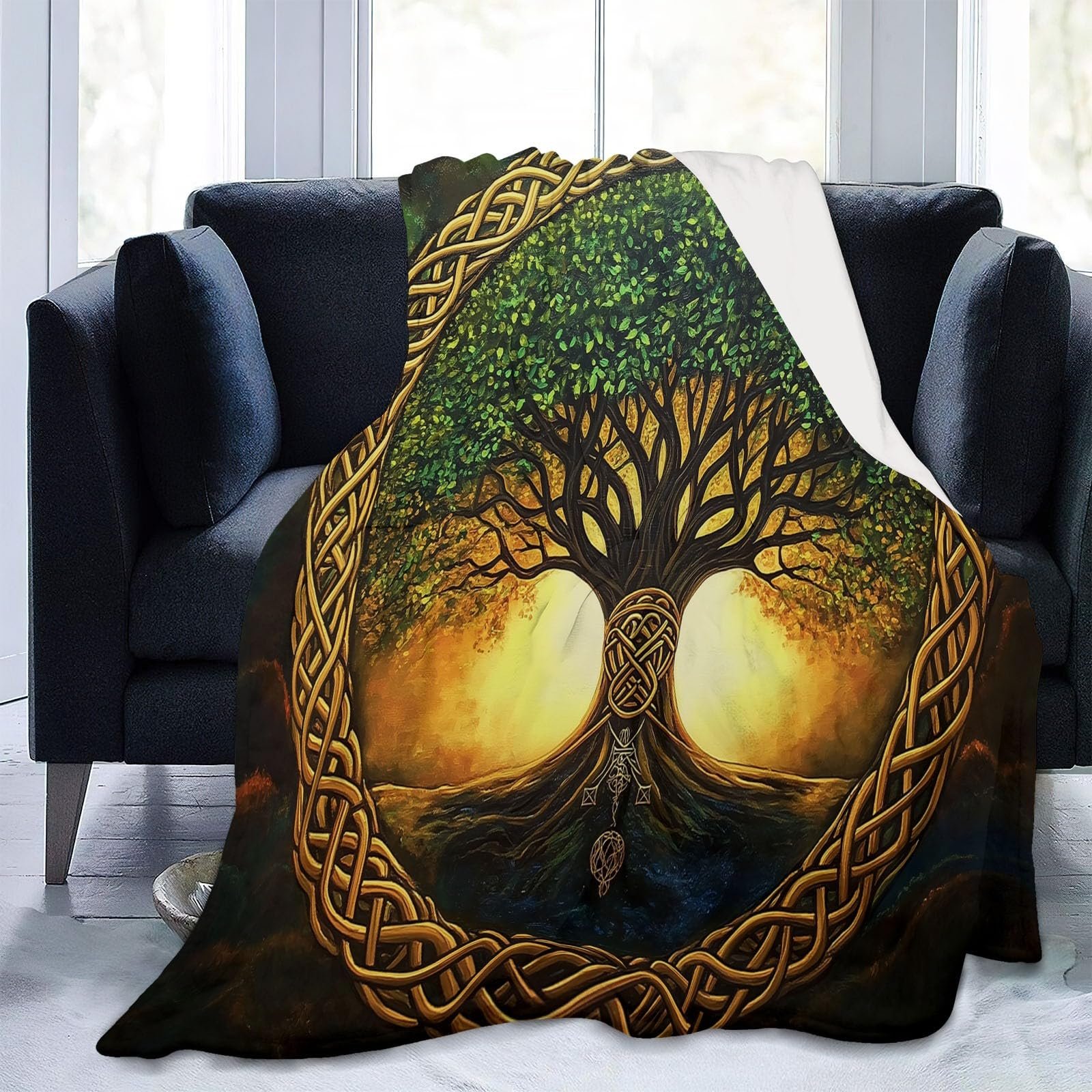 Флісова Покривало 180 x 220 см, Мінімалізм, Дерево Життя, Зелений, фото №2