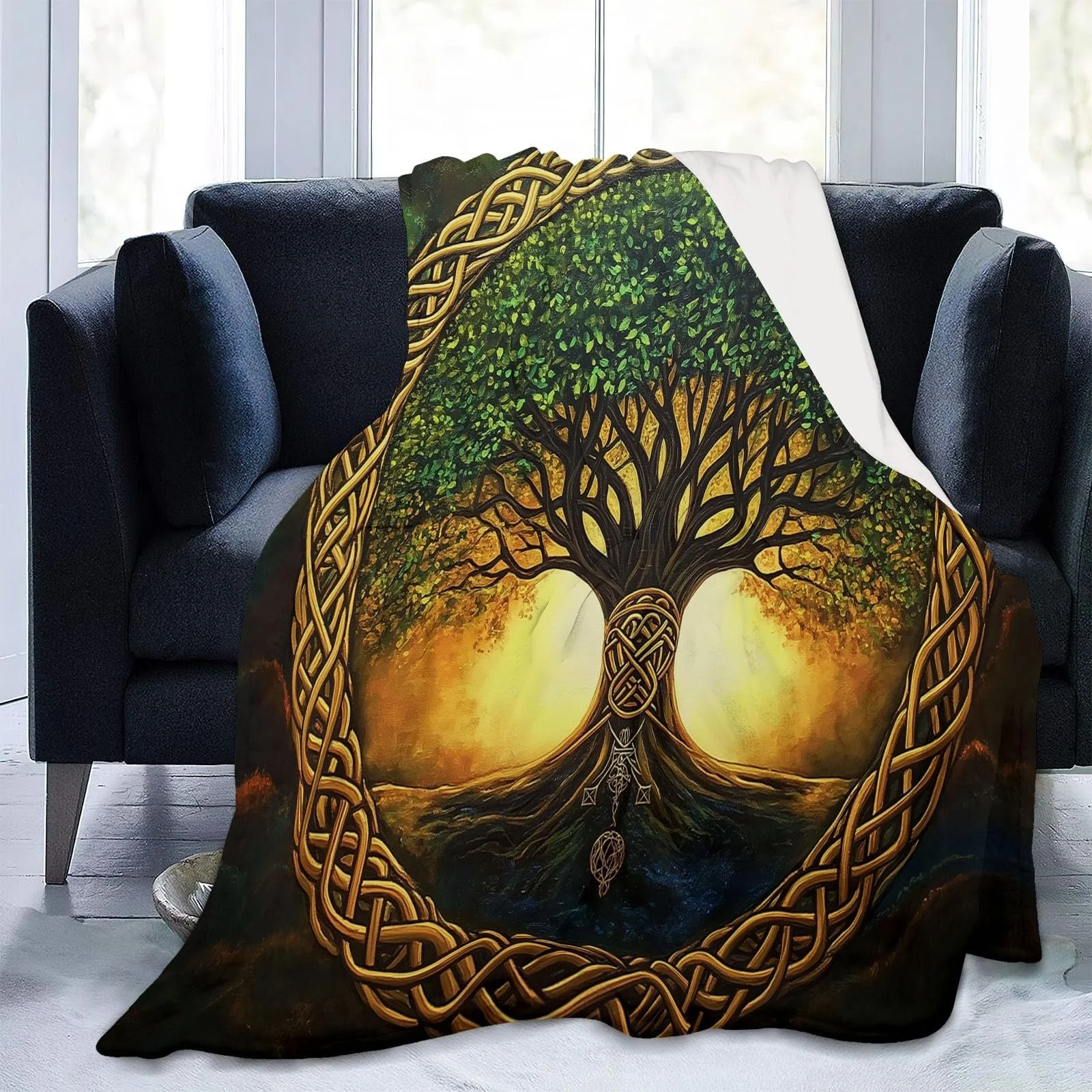 Флисовое одеяло 180 x 220 см, Минимализм, Дерево Жизни, Зеленый, фото №2