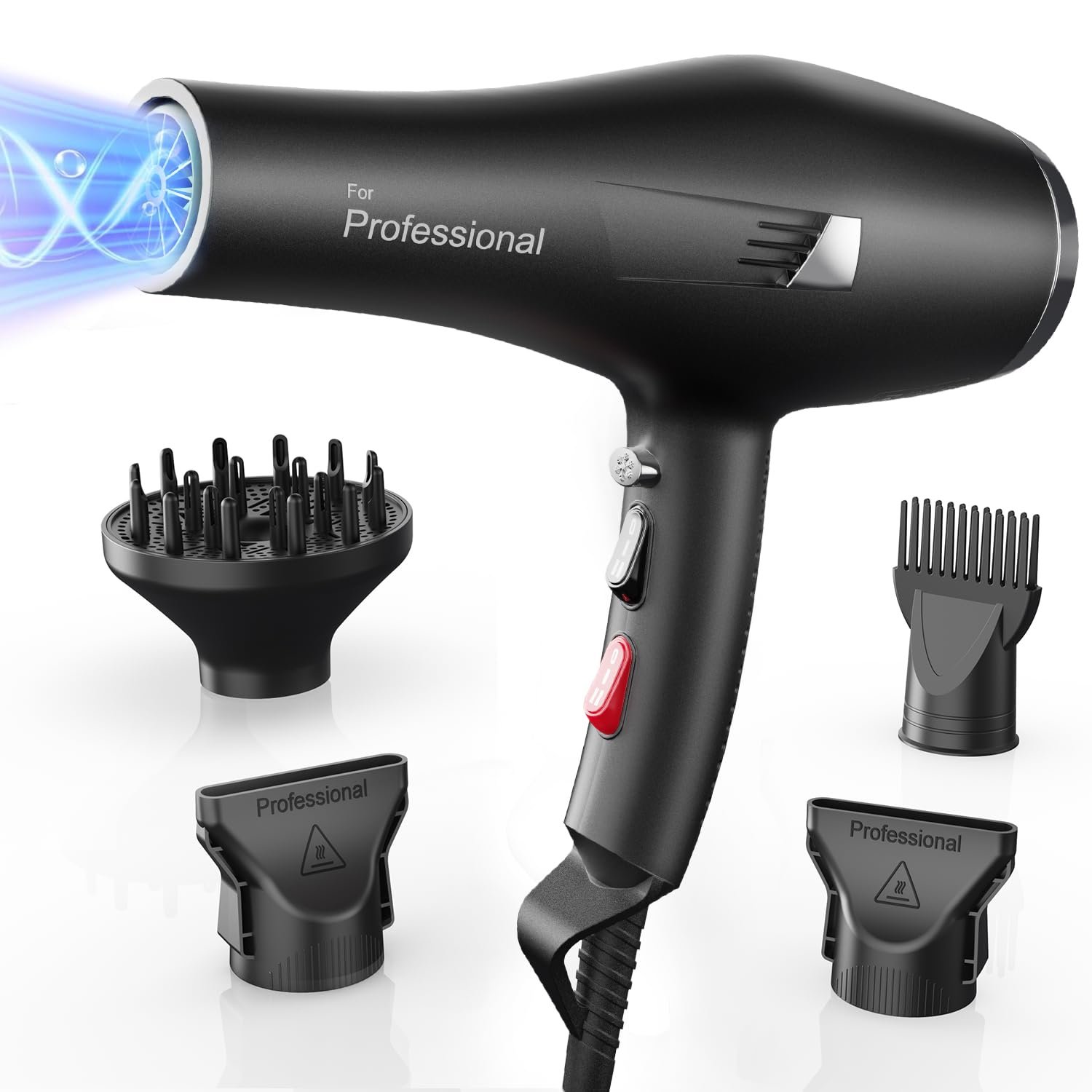 Фен Dekuri Ion Professional, с 1 диффузором, 2 насадками, 3 уровнями нагрева и 2 скоростями, кабель 2,5 метра, фото №1