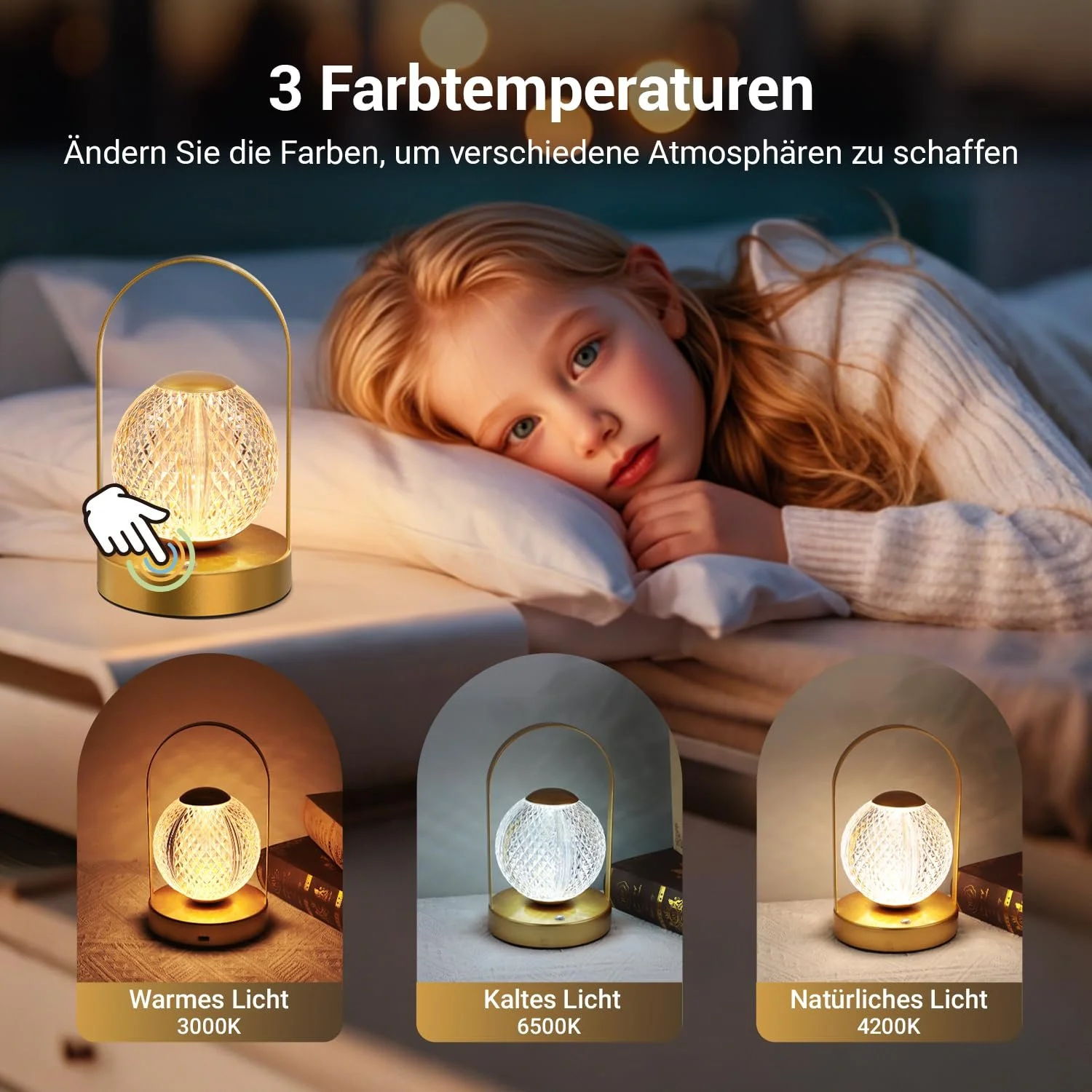 Настільна лампа EXTRASTAR LED куляста з ручкою, сенсорна, бездротова, USB-C., фото №3