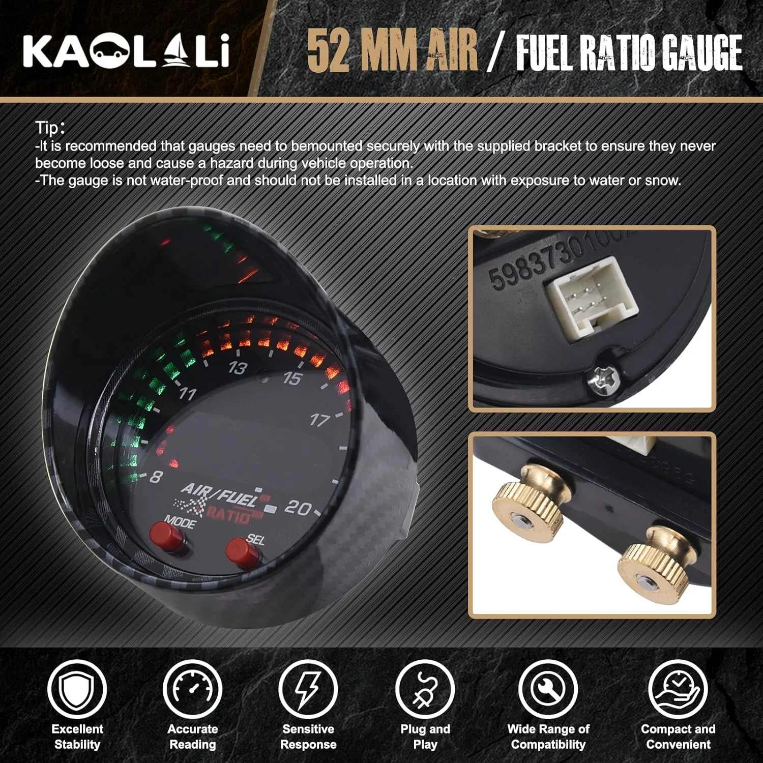 Широкосмуговий датчик співвідношення повітря/палива KAOLALI 30-0300 X-Series UEGO 52мм Чорний, фото №3