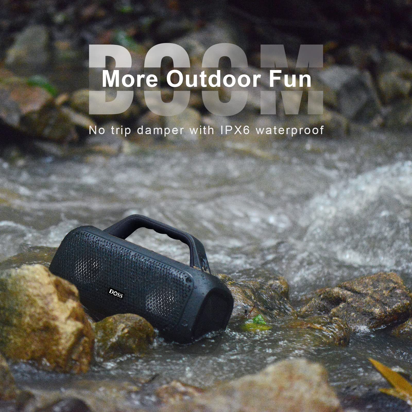 Колонка DOSS Extreme Boom Bluetooth з водонепроникністю IPX6, 60 Вт інтенсивний бас, 30 годин часу відтворення, акумуляторна батарея 10400 мАг, стерео-парування, Bluetooth колонка з ручкою для внутрішнього та зовнішнього використання, фото №4