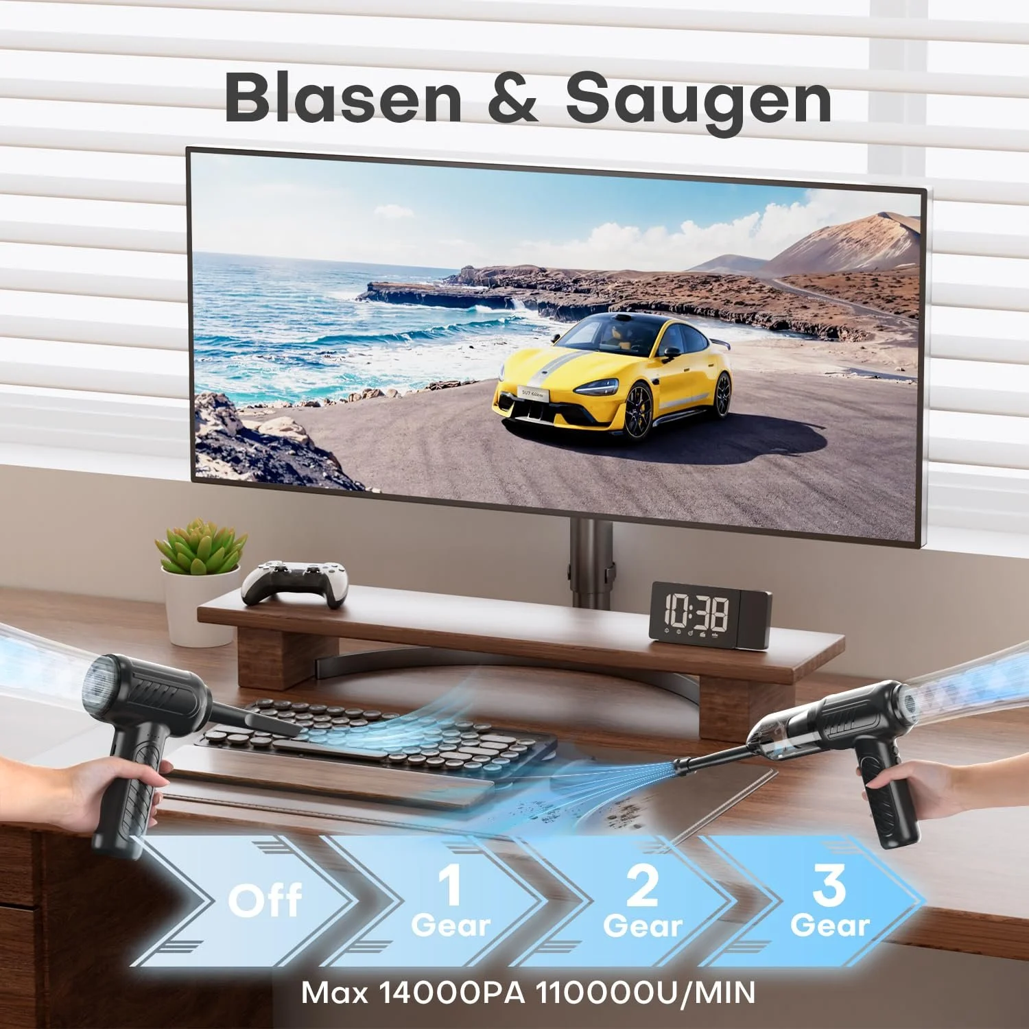 Електрична повітродувка для пилу GOAMGE 3 рівні 110 000 RPM 9000 mAh 2-в-1 для ПК, фото №2