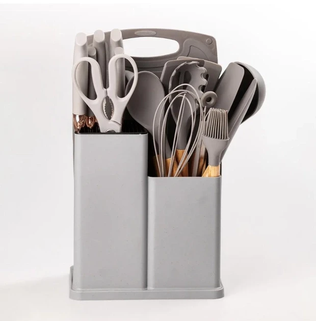 Набор кухонных принадлежностей на подставке TS Kitchen 19 штук из силикона с бамбуковой ручкой Серый, фото №2