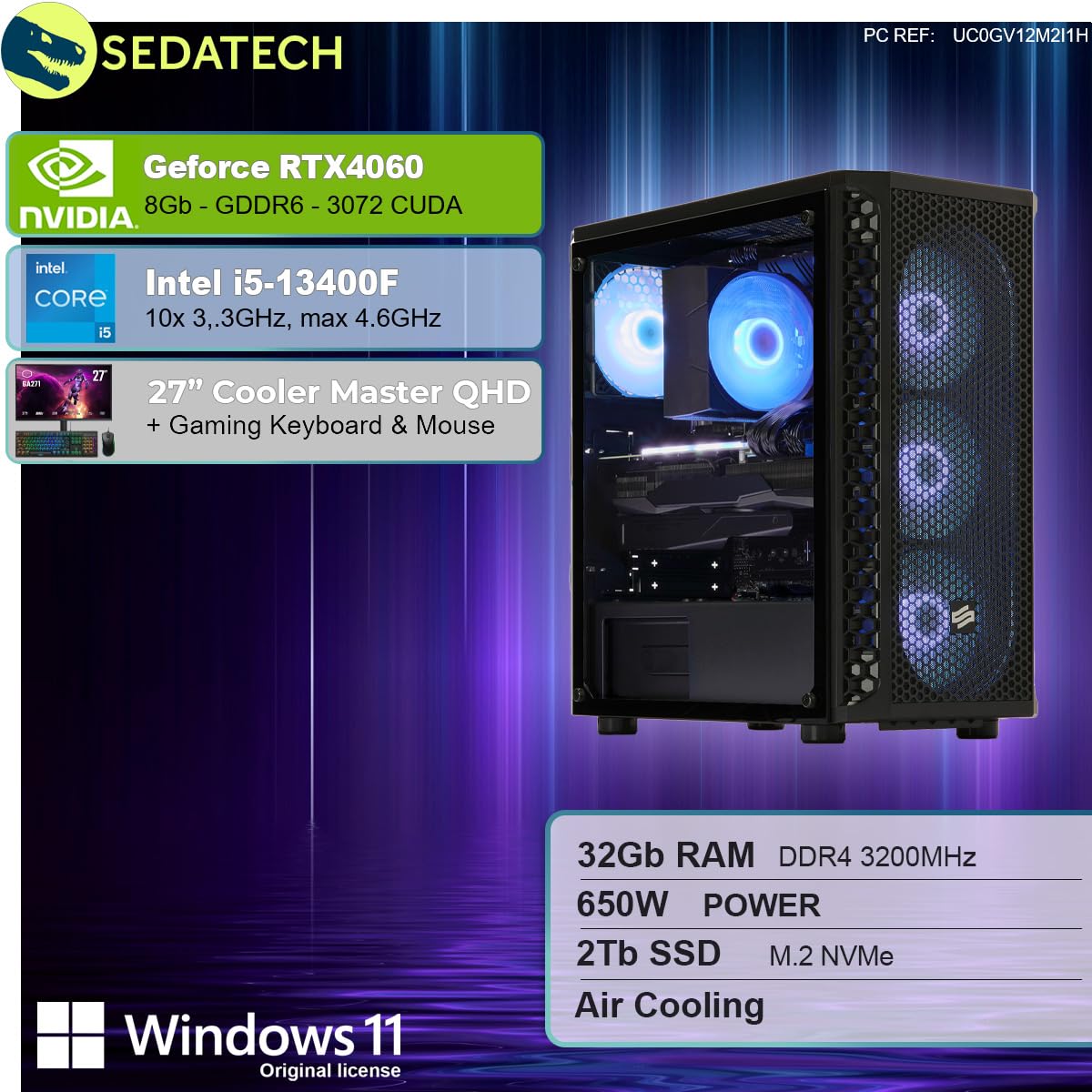 Sedatech Package Pro Gaming PC Intel i5-13400F RTX4060 32GB RAM 2TB SSD M.2 Windows 11 Monitor 27 Inches, фото №2