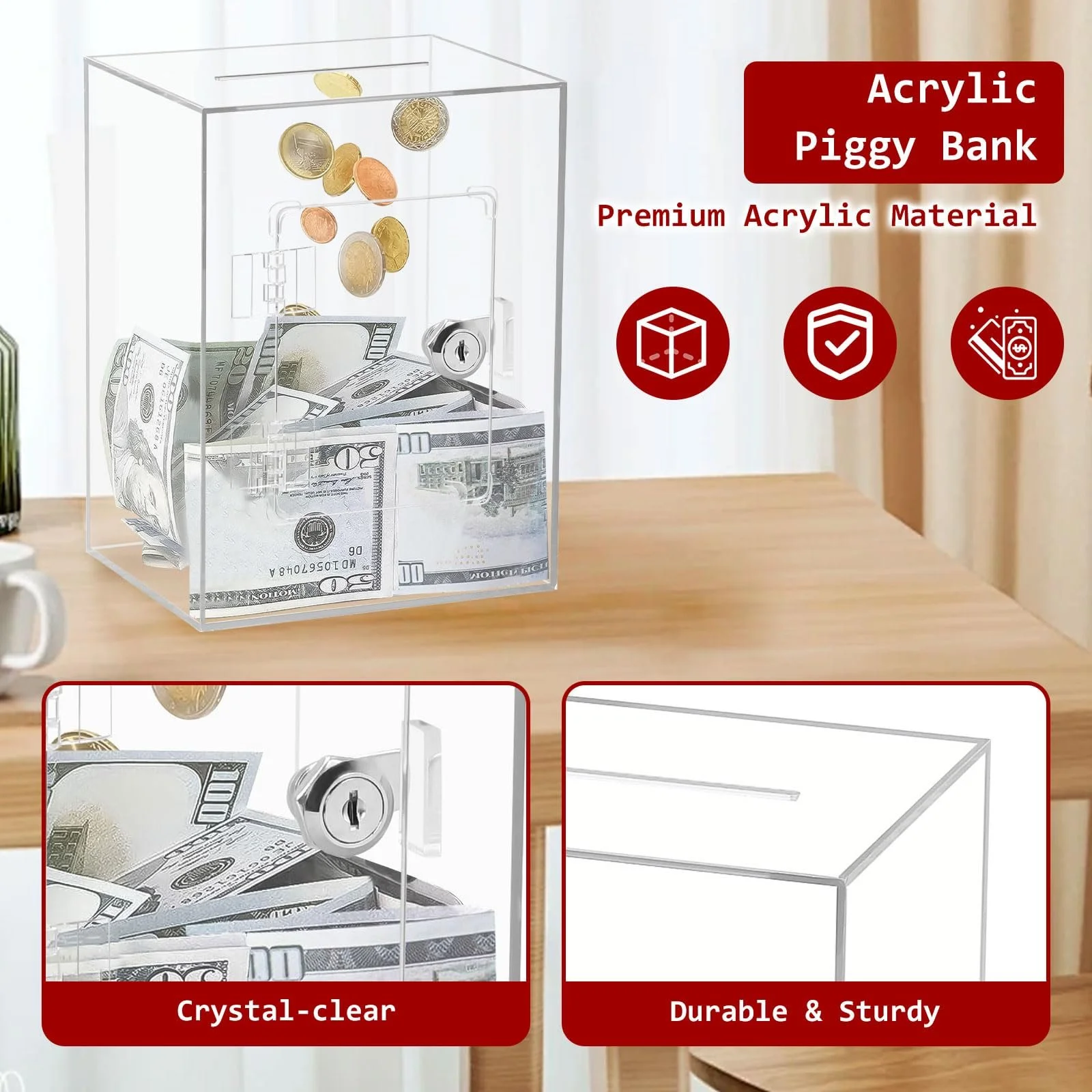 Скарбничка акрилова прозора з замком 20 x 15 x 12 см, фото №4