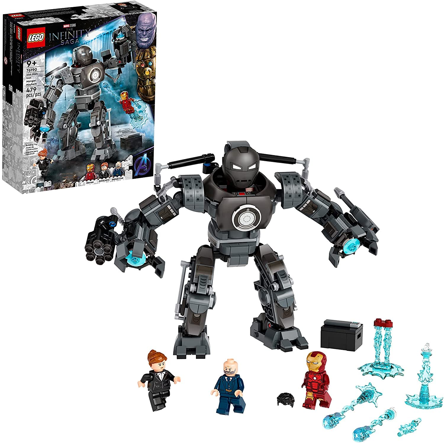 Конструктор LEGO Marvel Iron Man Iron Monger Mayhem 76190 Коллекционный набор с Iron Man, Obadiah Stane и Pepper Potts, 479 деталей, фото №1