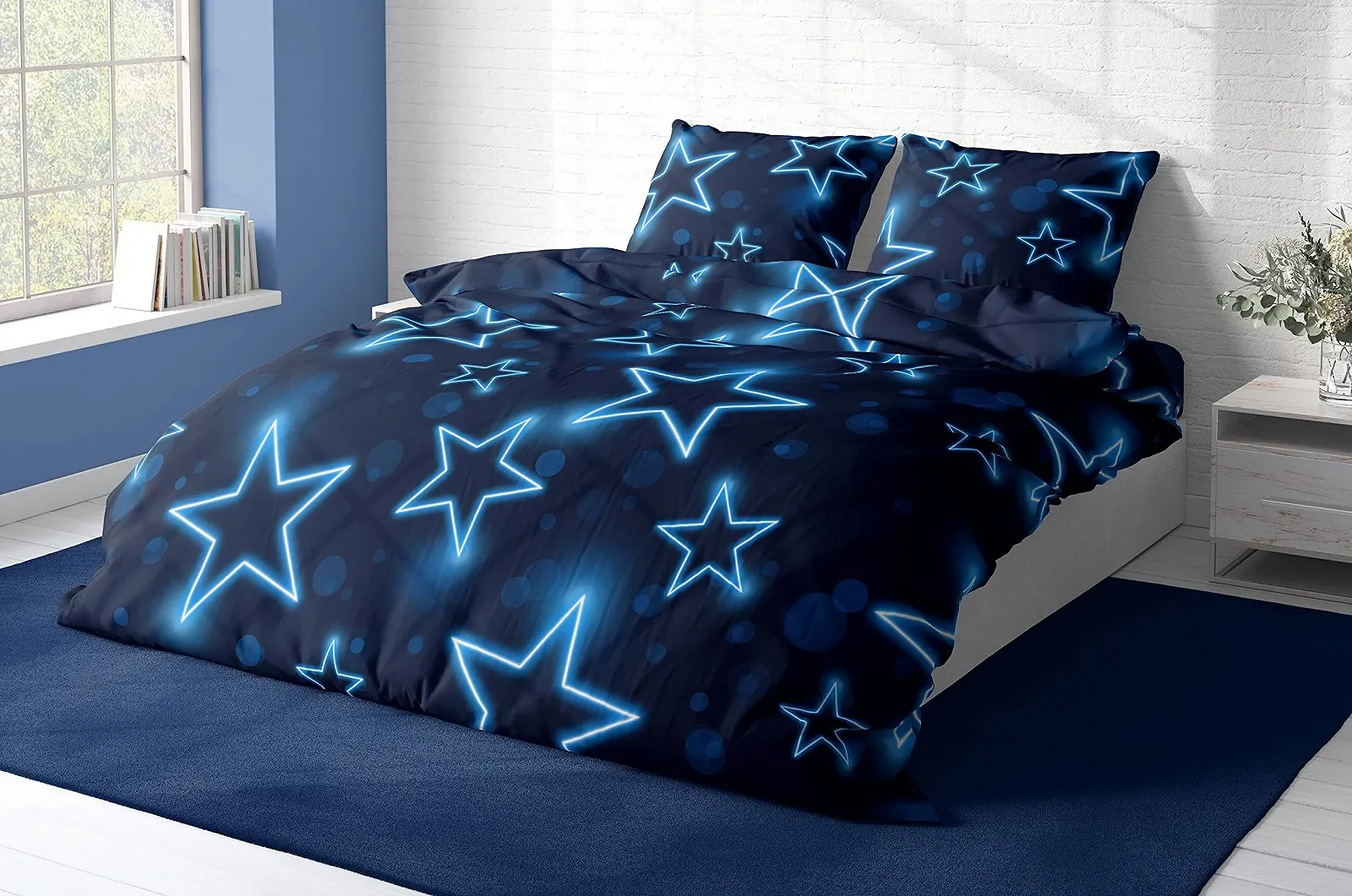 Комплект постільної білизни one-home мікрофібра зірки синій 3 предмети 200 x 200 см на блискавці, фото №3