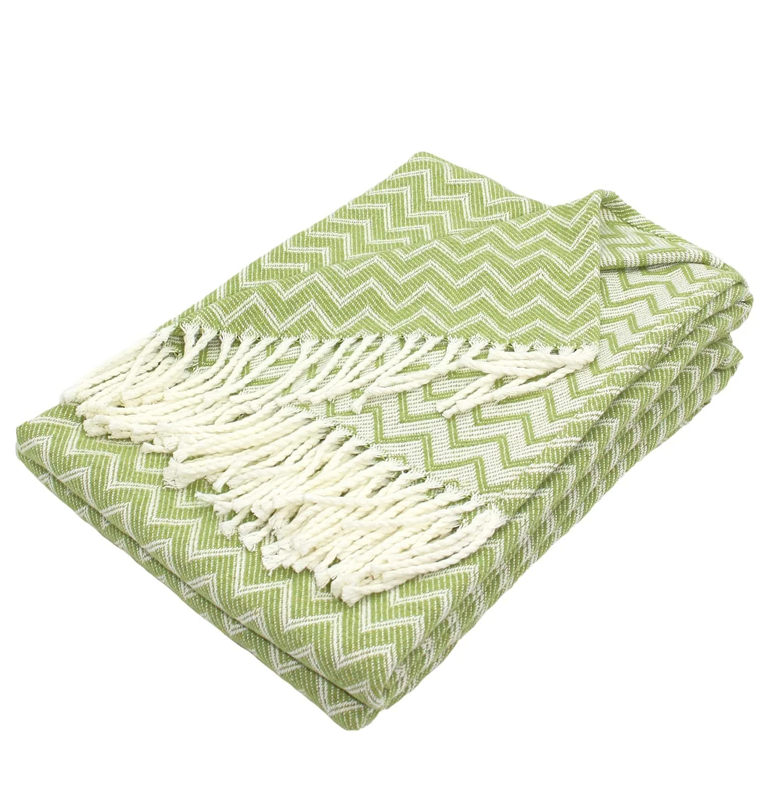 Одеяло Moon Luxury Смесь хлопка 150 x 200 см Плед узор зигзаг с бахромой Белый/Светло-зеленый, фото №1