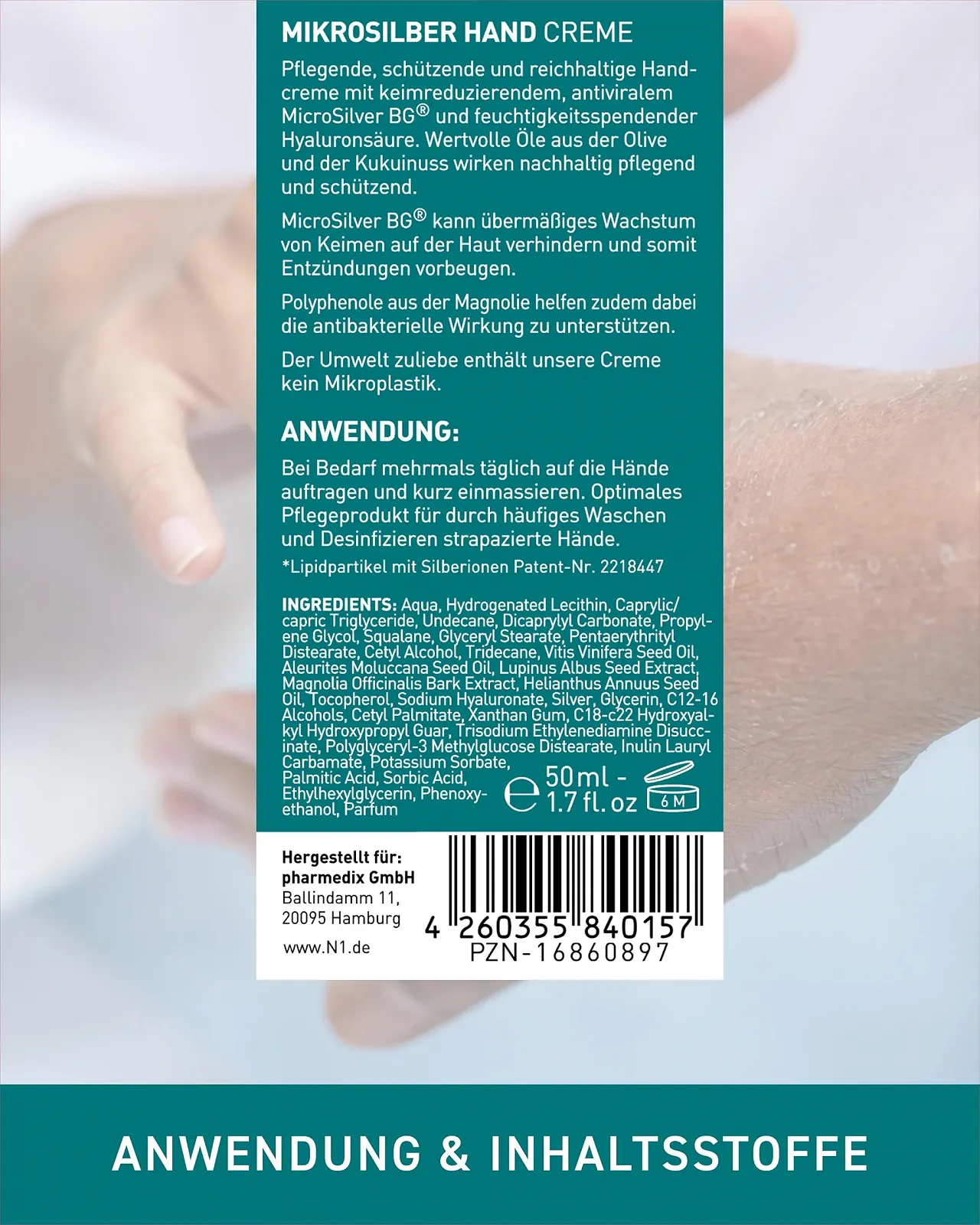 Крем для рук N1 Mikrosilber для очень сухой кожи рук 50 мл, содержит дезинфицирующее средство, фото №7