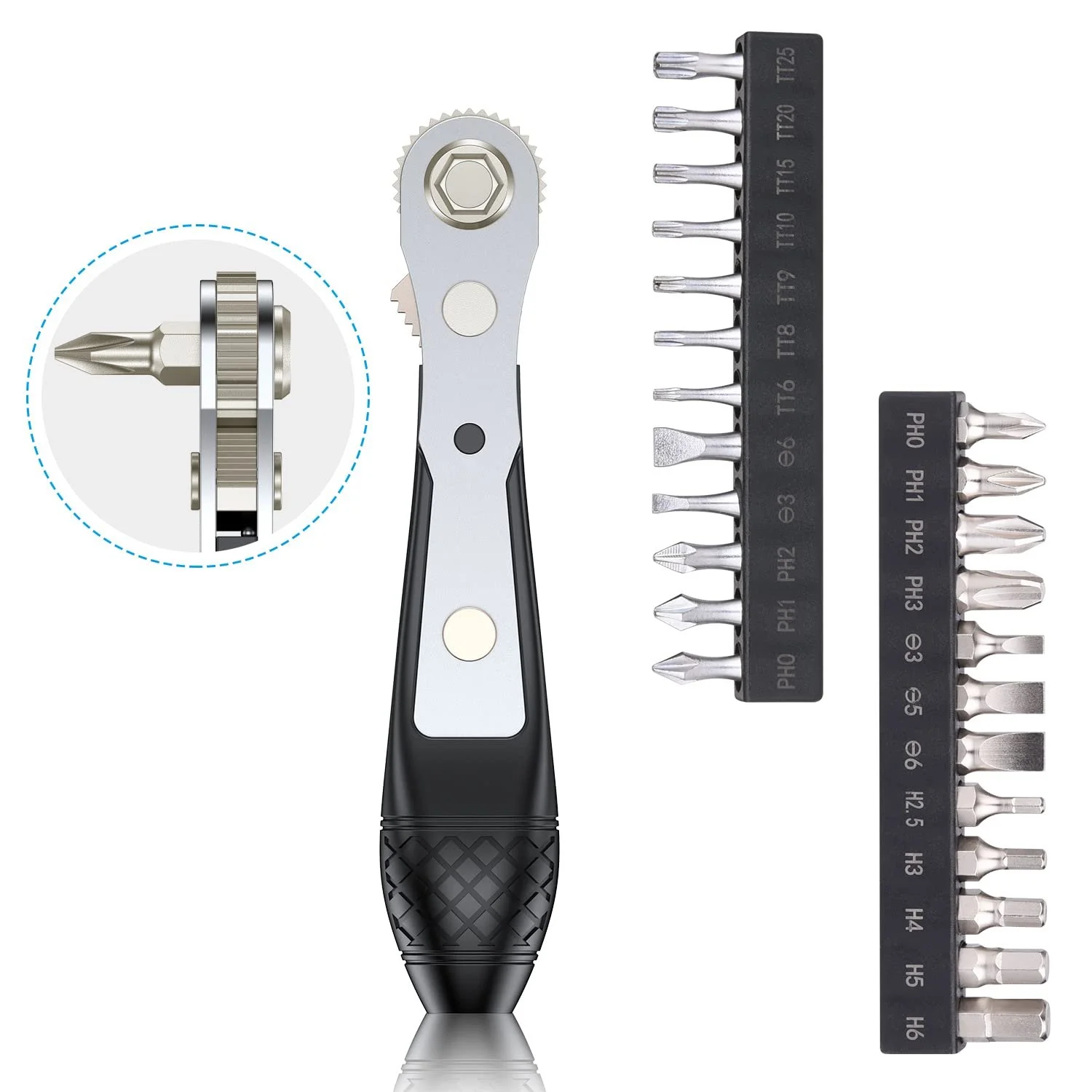 Міні-тріскачка та набір біт 25-в-1 S2 Steel 1/4 дюйма Hex Shank 36 зубів Магнітна 90 градусів, фото №1