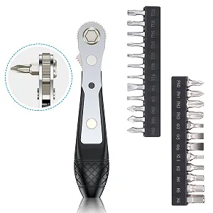 Міні-тріскачка та набір біт 25-в-1 S2 Steel 1/4 дюйма Hex Shank 36 зубів Магнітна 90 градусів - Фото 1