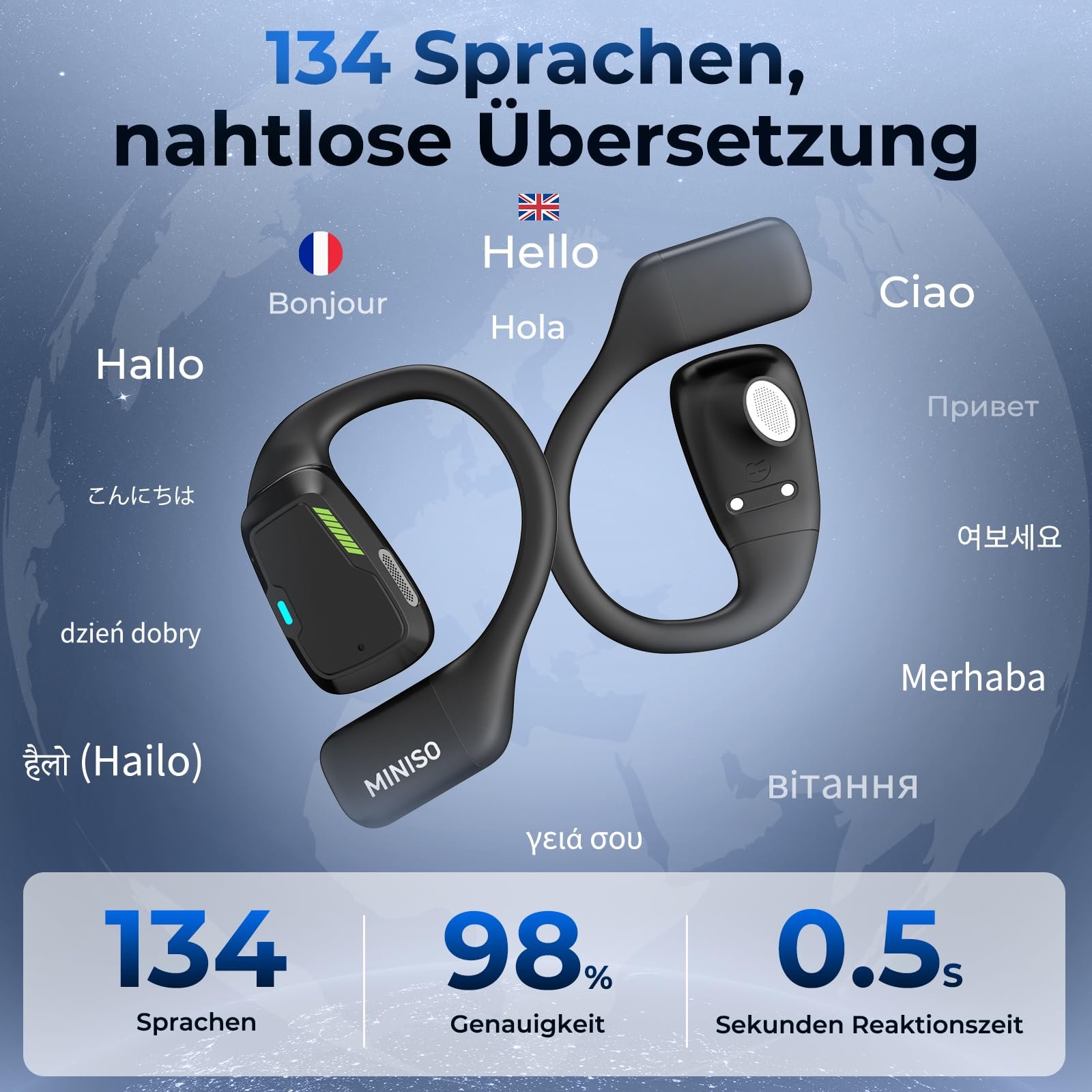 Наушники-переводчик MINISO M98 AI, 3-в-1 с приложением, 134 языка перевода, с сенсорным ЖК-экраном, с открытым ухом для обучения, путешествий, фото №3