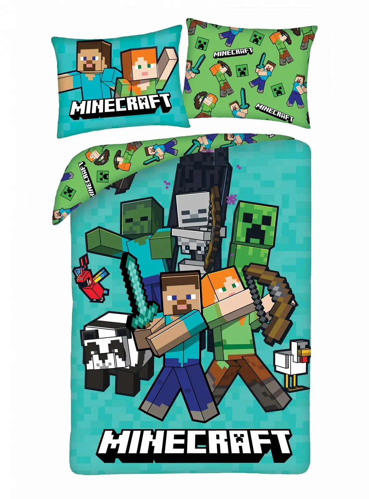 Постельное белье детское Minecraft Alex and Steve двусторонняя 140 x 200 см наволочка 70 x 90 см Oeko-Tex, фото №1