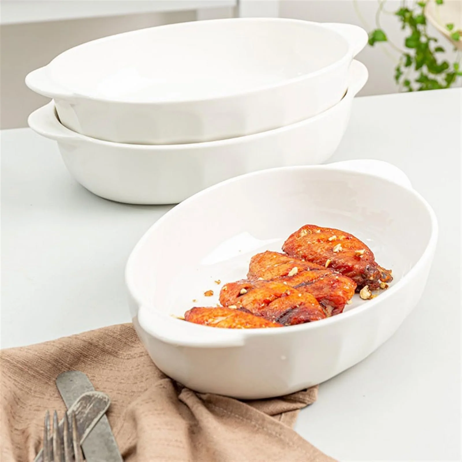 Форма для запекания керамическая овальная с подглазурной росписью большая, фото №5