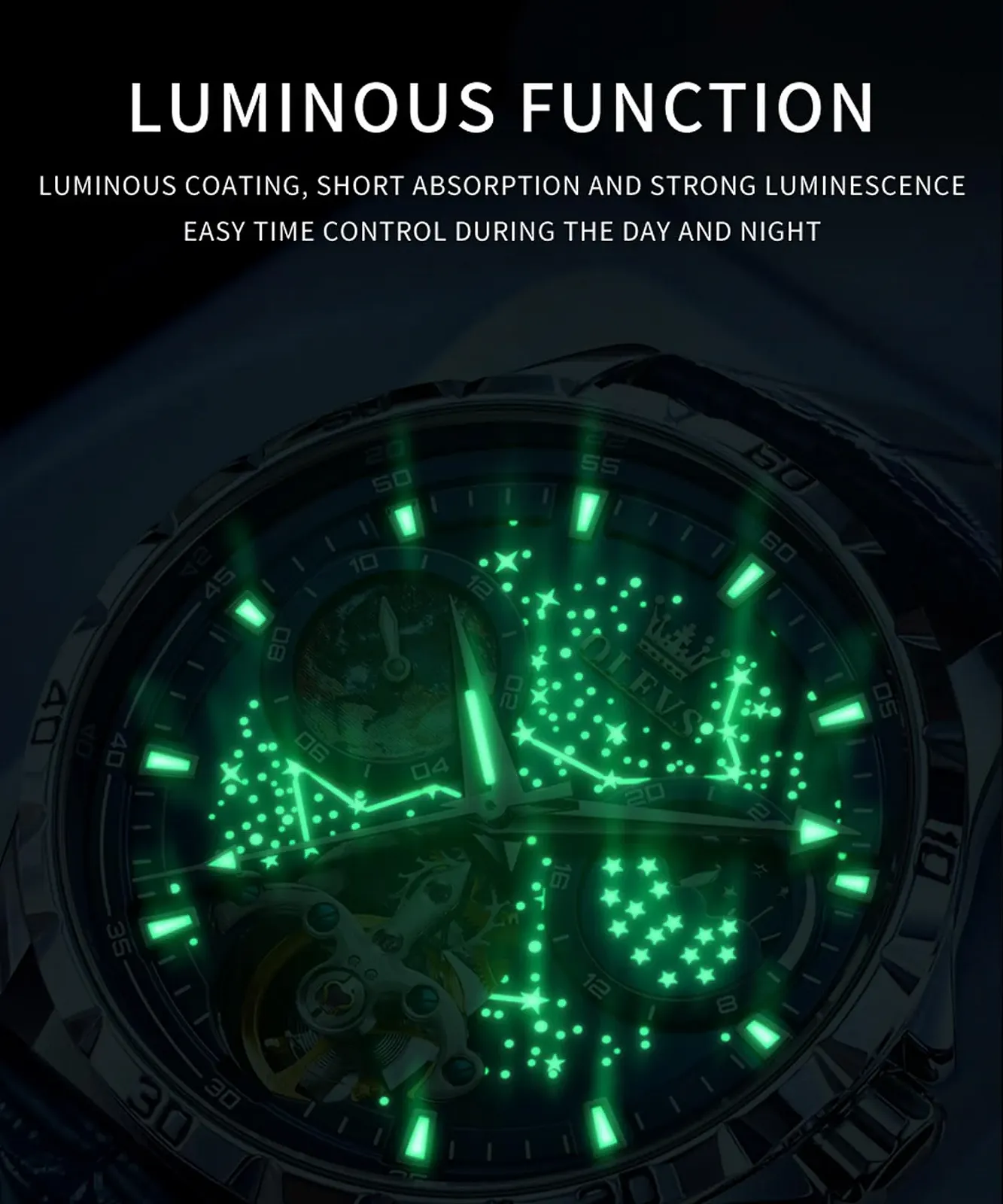 Мужские Автоматические Часы OLEVS Starry Sky Skeleton Tourbillon Механические с Автоподзаводом, Водонепроницаемые, Люминесцентные, Ремешок из нержавеющей стали, 6689, Черный циферблат, Стальная полоска, Классические, фото №6 Мужские Автоматические Часы OLEVS Starry Sky Skeleton Tourbillon Механические с Автоподзаводом, Водонепроницаемые, Люминесцентные, Ремешок из нержавеющей стали, 6689, Черный циферблат, Стальная полоска, Классические, фото №6