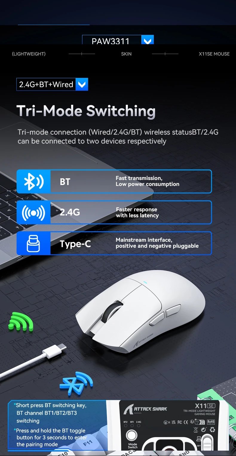Мышь Attack Shark X11SE White 22000DPI PAM3311 Wireless Bluetooth, фото №13