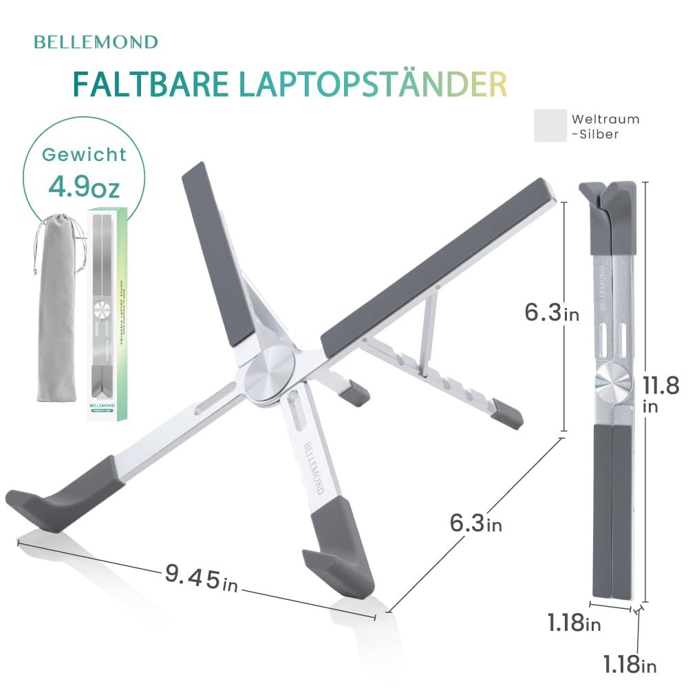 Підставка для ноутбука X-подібна BELLEMOND Регульована по висоті алюмінієва підставка з 5 рівнями, складана та легка, вентильована, для ноутбуків і планшетів до 17,3 дюймів, космічне срібло, фото №9