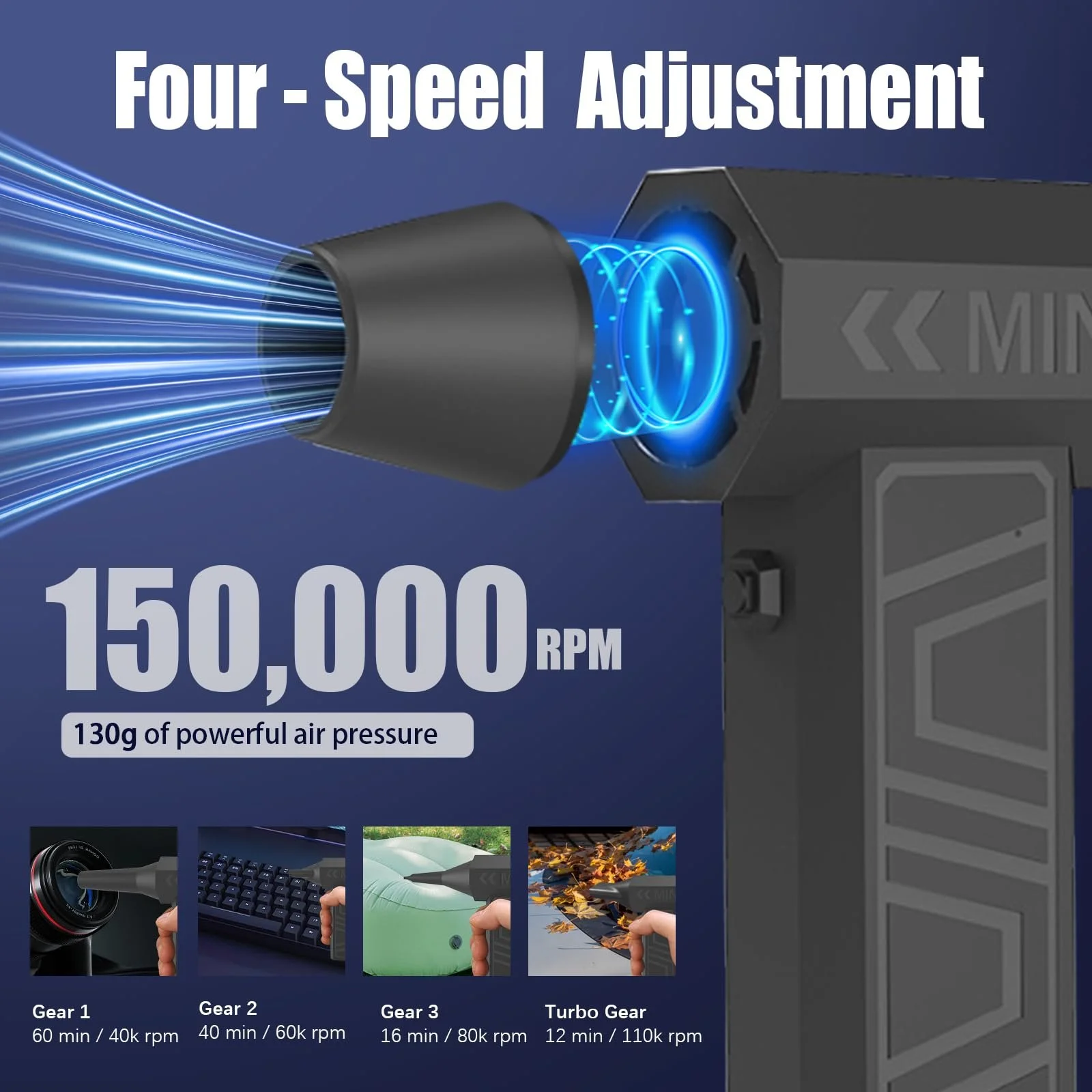 Электрическая воздуходувка 105,000 RPM Аккумуляторная 6000 mAh 4 скорости, фото №3 Электрическая воздуходувка 105,000 RPM Аккумуляторная 6000 mAh 4 скорости, фото №3
