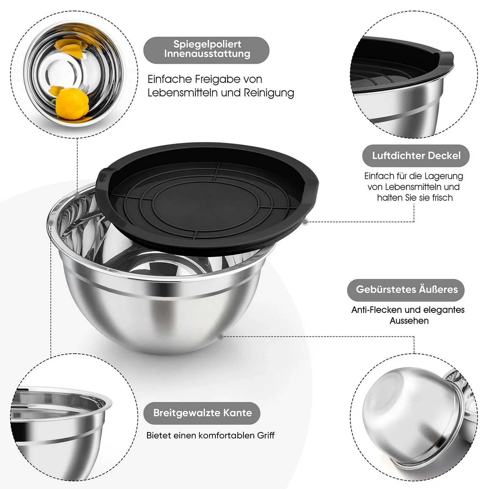 Набір мисок для змішування Onader 4 предмети 4.5 л 3 л 1.5 л 1.2 л Stainless Steel Black, фото №3