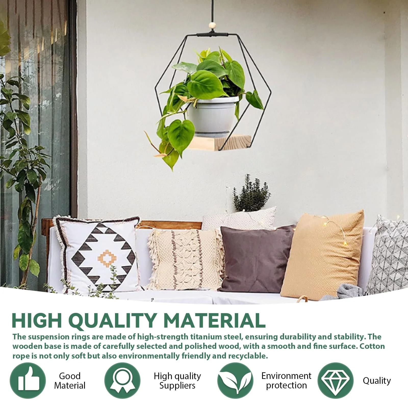 Кашпо подвесное металлическое кольцо с деревянным основанием шестигранное 2 шт черное, фото №3