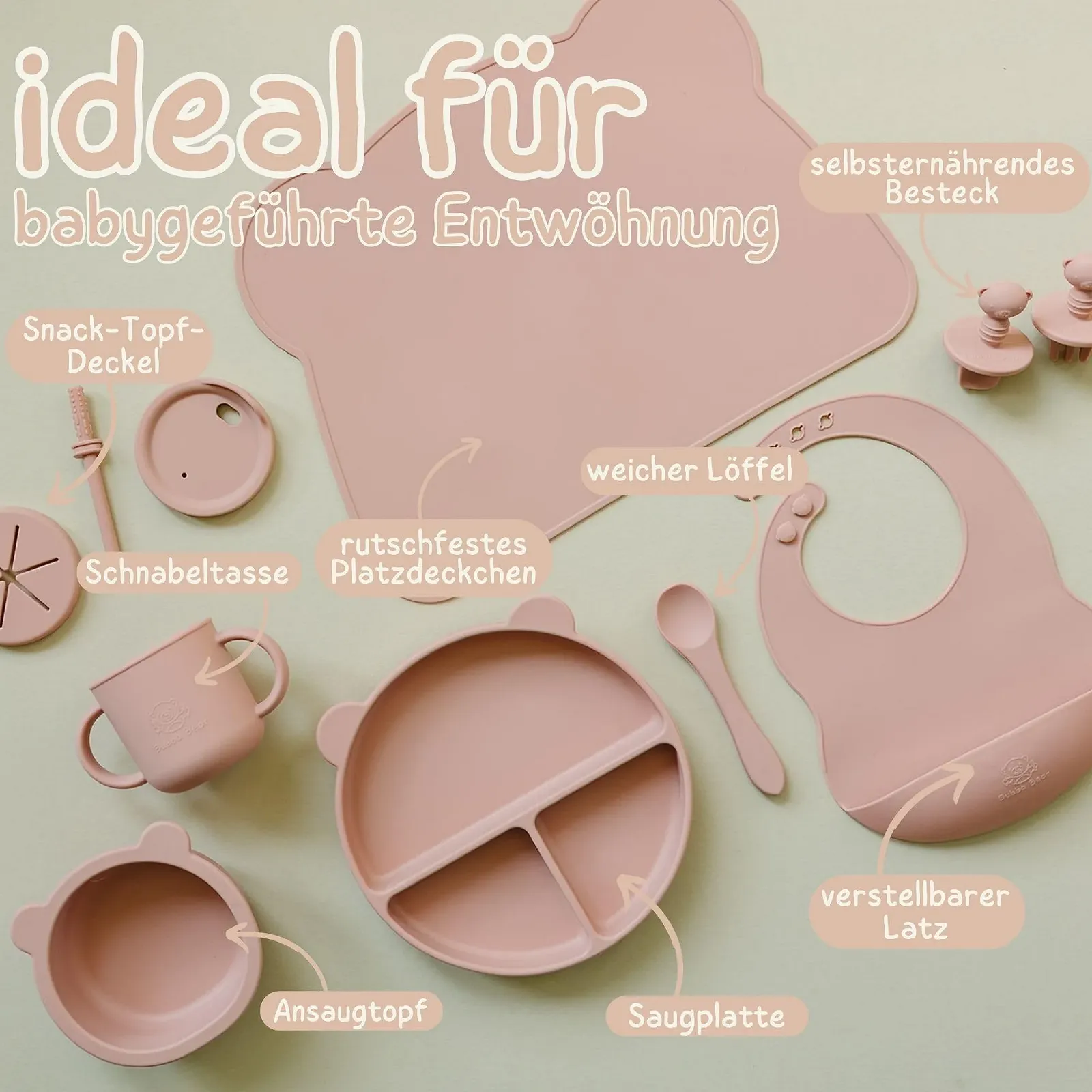 Набір дитячого силіконового посуду Bubba Bear, нековзний з присоскою, 11 предметів, без BPAі з ложкою, виделкою, мискою, слинявчиком, чашкою, поїльником, рожевий, фото №6 Набір дитячого силіконового посуду Bubba Bear, нековзний з присоскою, 11 предметів, без BPAі з ложкою, виделкою, мискою, слинявчиком, чашкою, поїльником, рожевий, фото №6