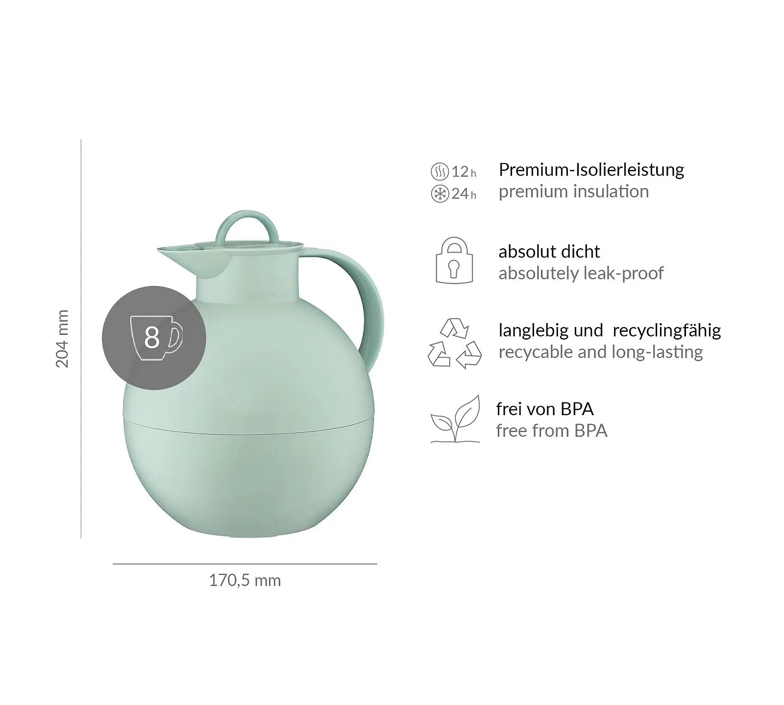 Термос-кавник Alfi Ball 0.94 л, м'ятно-зелений, термос з вакуумною вставкою з загартованого скла alfiDur, 12 годин гарячий, фото №6