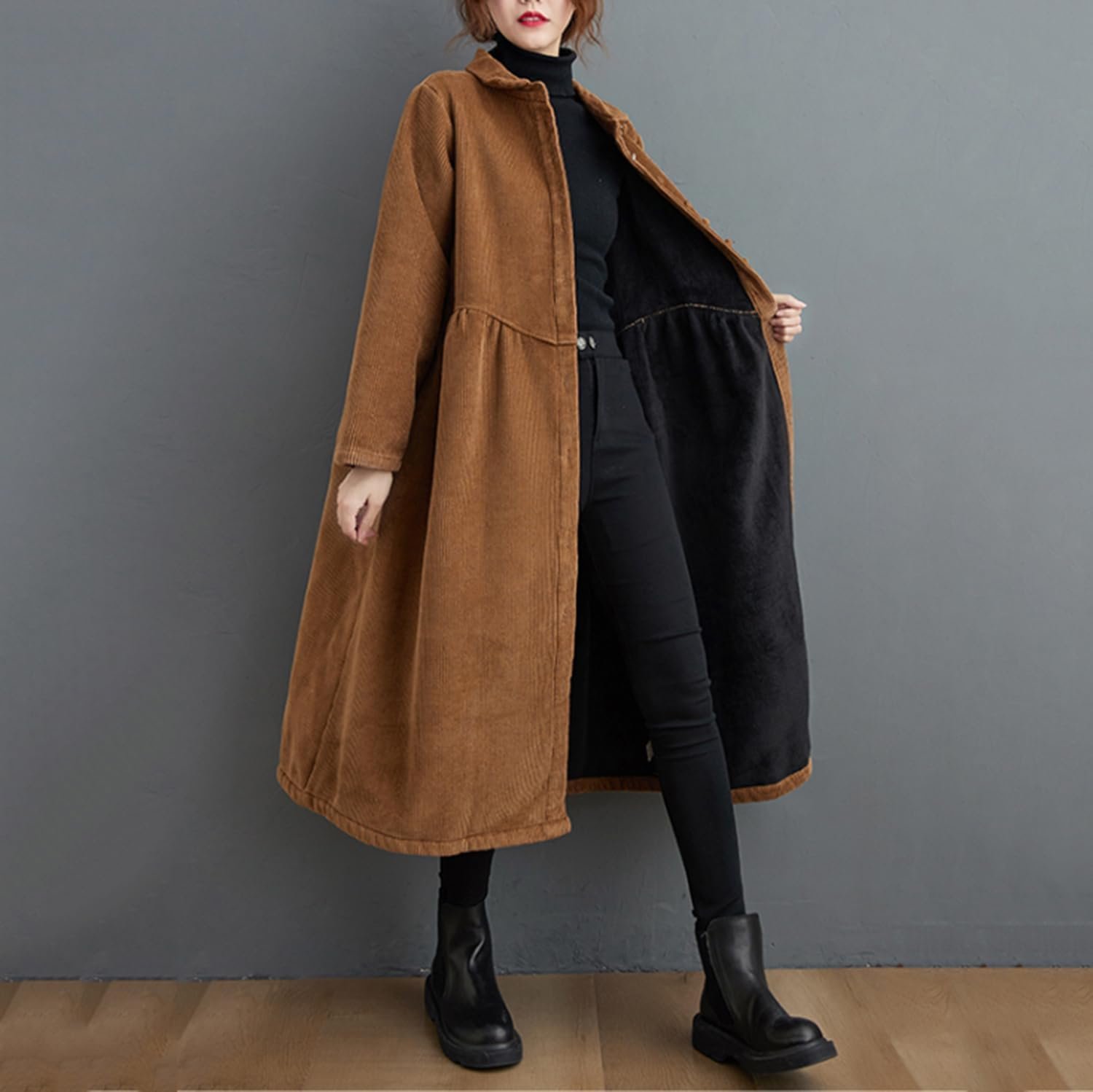 Жіноче пальто Suncadmious з довгого вельвету, весняне, з ґудзиками та бічними кишенями, тренч, утеплене, фото №3