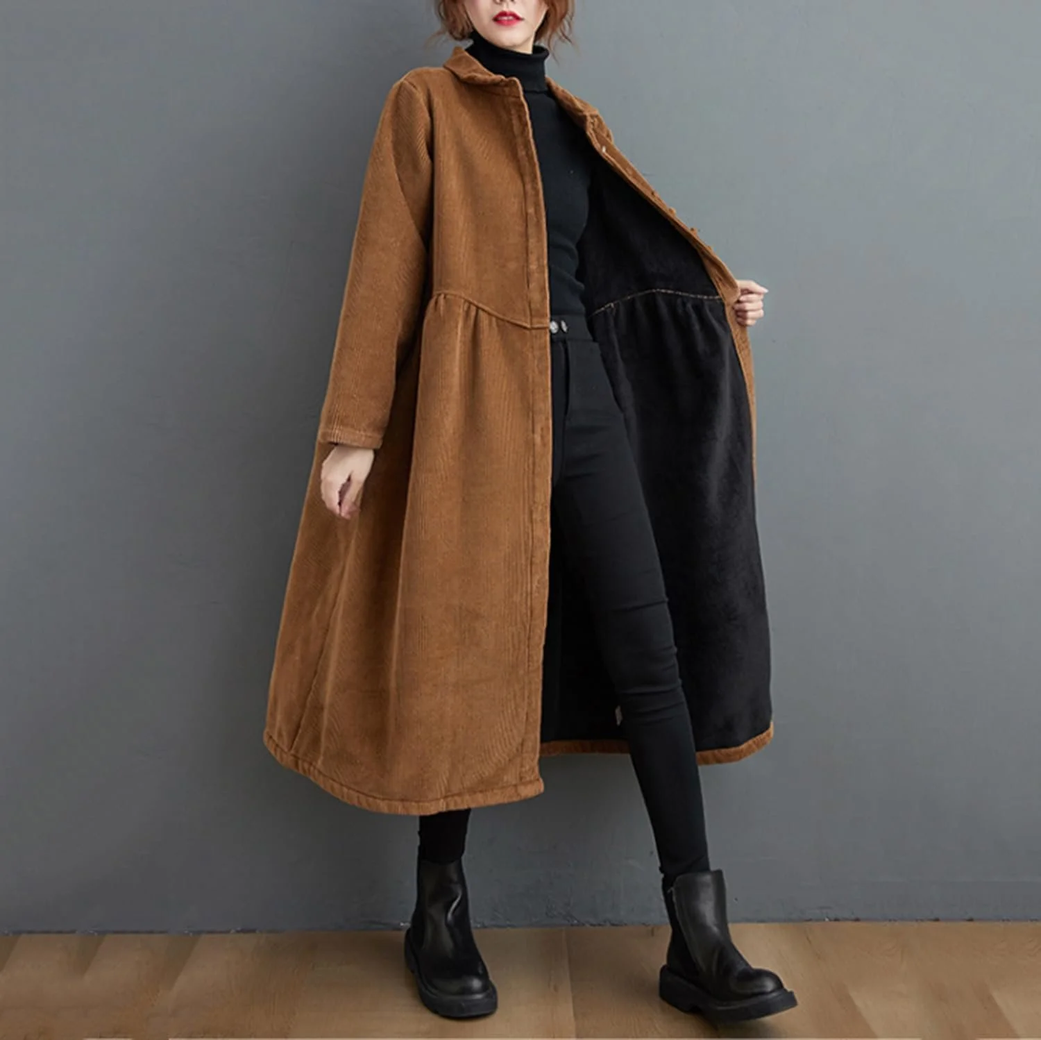 Женское пальто Suncadmious из длинного вельвета, весеннее, с пуговицами и боковыми карманами, тренч, утепленное, фото №3 Женское пальто Suncadmious из длинного вельвета, весеннее, с пуговицами и боковыми карманами, тренч, утепленное, фото №3