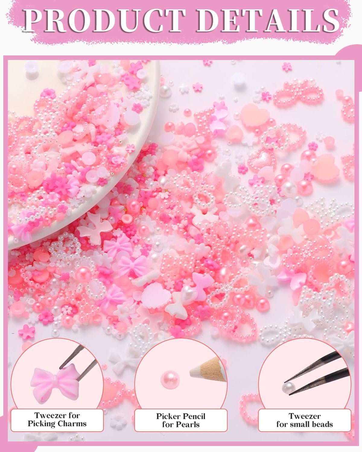 Набор 3D украшений для ногтей, 1000 шт, 9 цветов: бантики, цветочки, звездочки, сердечки, заклепки, стразы для маникюра, жемчуг искусственный, фото №3