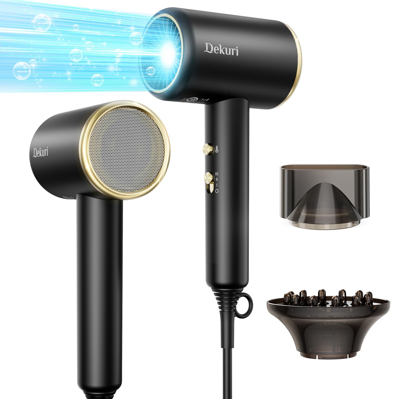 Фен Dekuri Professional Ionic, 2 скорости, 3 режима нагрева, с диффузором и концентратором, ультралегкий, черный, фото №1