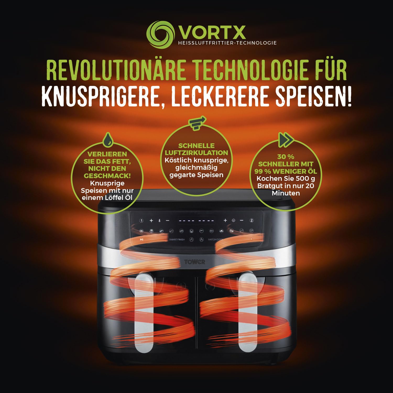 Фритюрница Tower Vortx T17088 9 л с Двумя Корзинами и Умным Завершением Черный, фото №3 Фритюрница Tower Vortx T17088 9 л с Двумя Корзинами и Умным Завершением Черный, фото №3