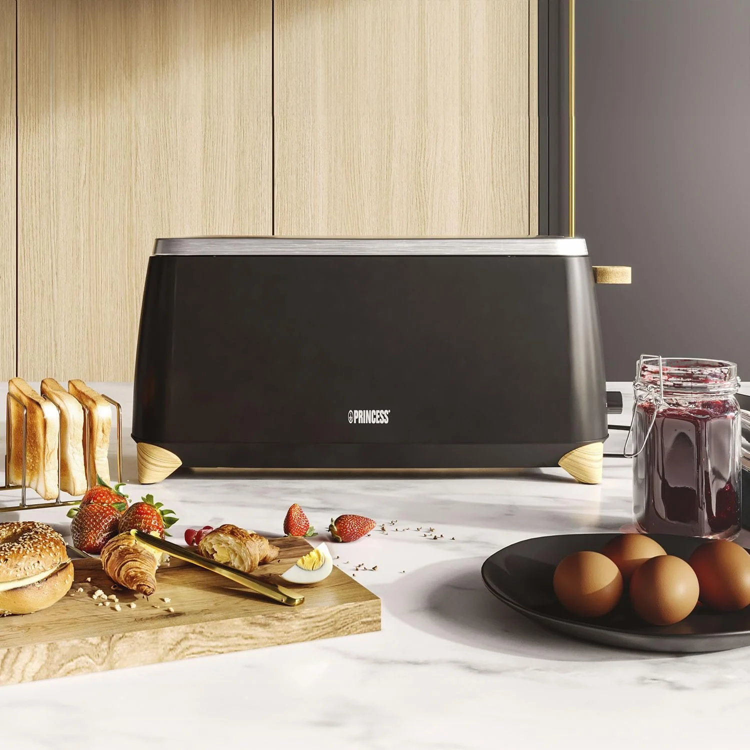 Тостер Princess Pure для 2 скибочок одночасно 7 регульованих рівнів підсмажування кнопки скасування, розігріву та розморожування 800-1000 Вт Чорний, фото №4